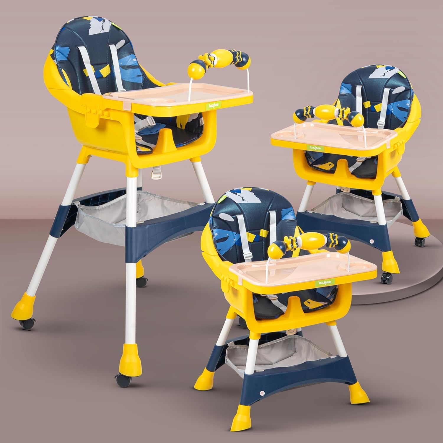 BAYBEEAurora Convertible Baby High Chair for Kids with Adjustable Height and Footrest, Baby Feeding Chair with Tray, Wheels, Safety Belt and Cushion For Toddler 6 Months to 4 Years (Black)