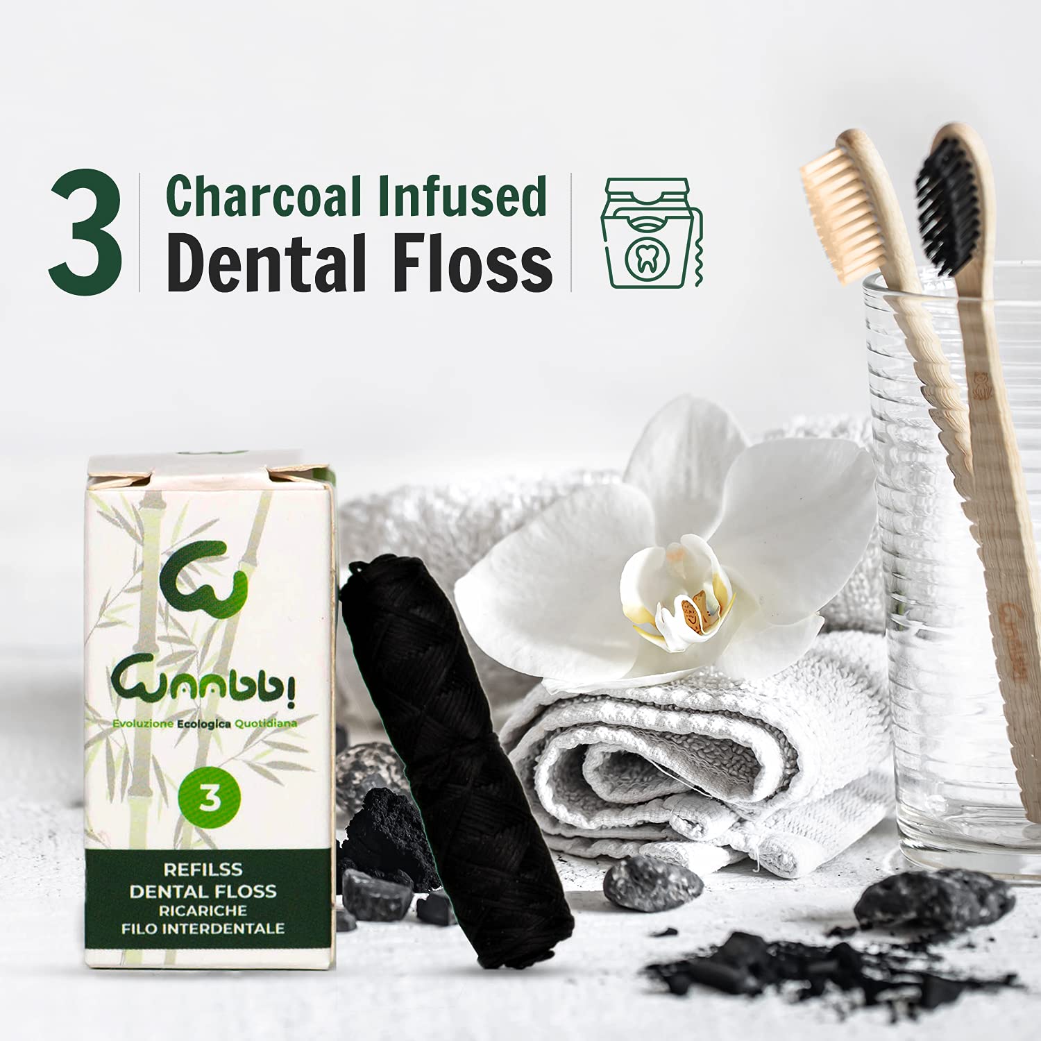 Ricariche per Filo Interdentale Carbone Attivo Bambù Biodegradabili 3X35M Pulizia Dentale Vegano Zero Sprechi Plastic Free Igiene Naturale Vegana