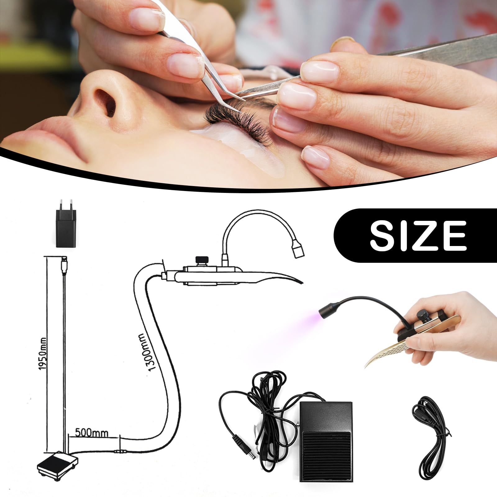 Wimpern Lampe, 1.8W Wimpernlampe UV-Licht Handheldnagelheilungslampe für Lichthärtenden Wimpernlicht für Wimpernverlängerungen mit Fußschalter Pinzetten Schwanenhals 1-3 Sekunden Ausgehärtet