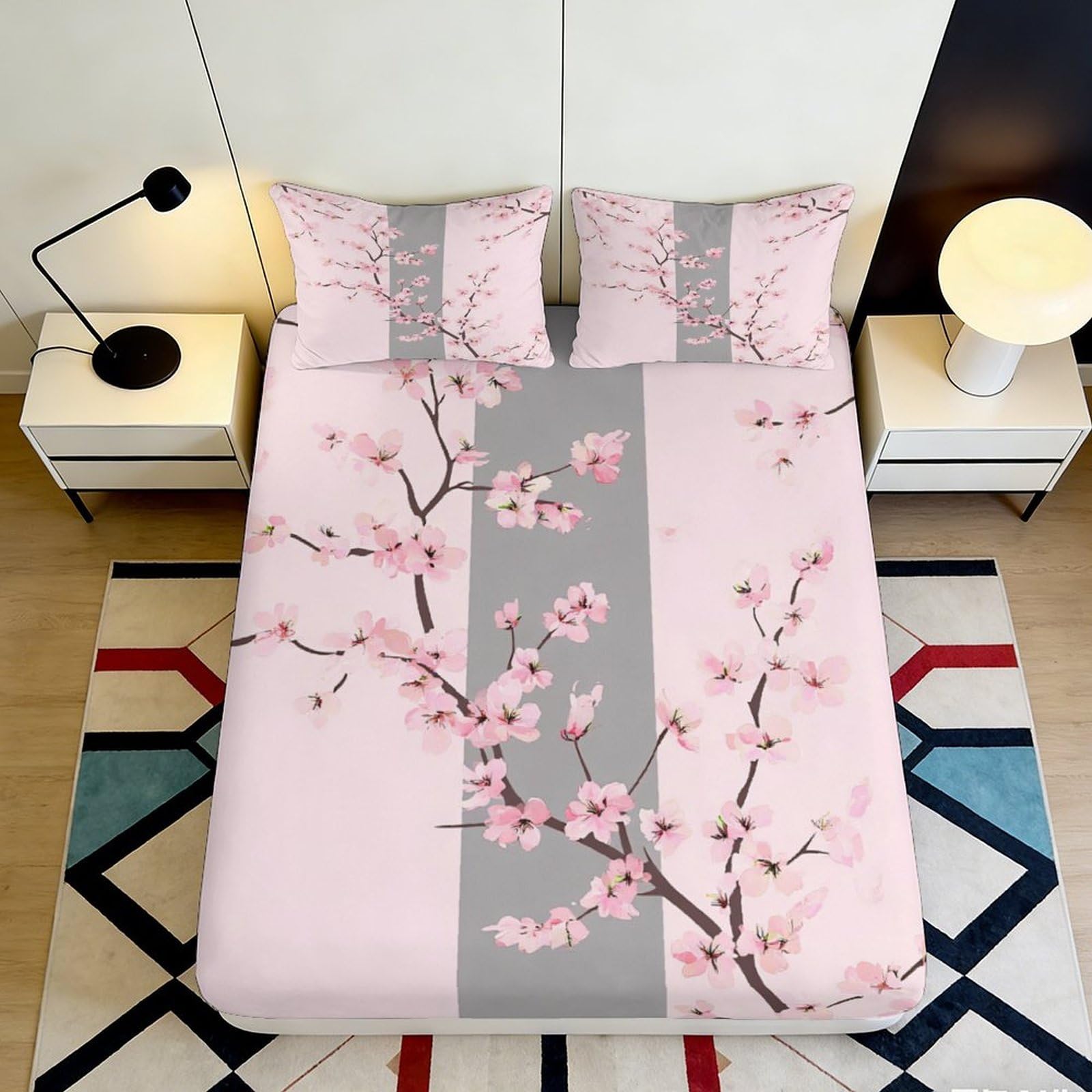 3D Printed Cherry Blossom Fitted Sheet Microfiber Soft Pink Grey Plum Flower Mattress Cover for Bedroom Dorm Decor 90x200x25cm