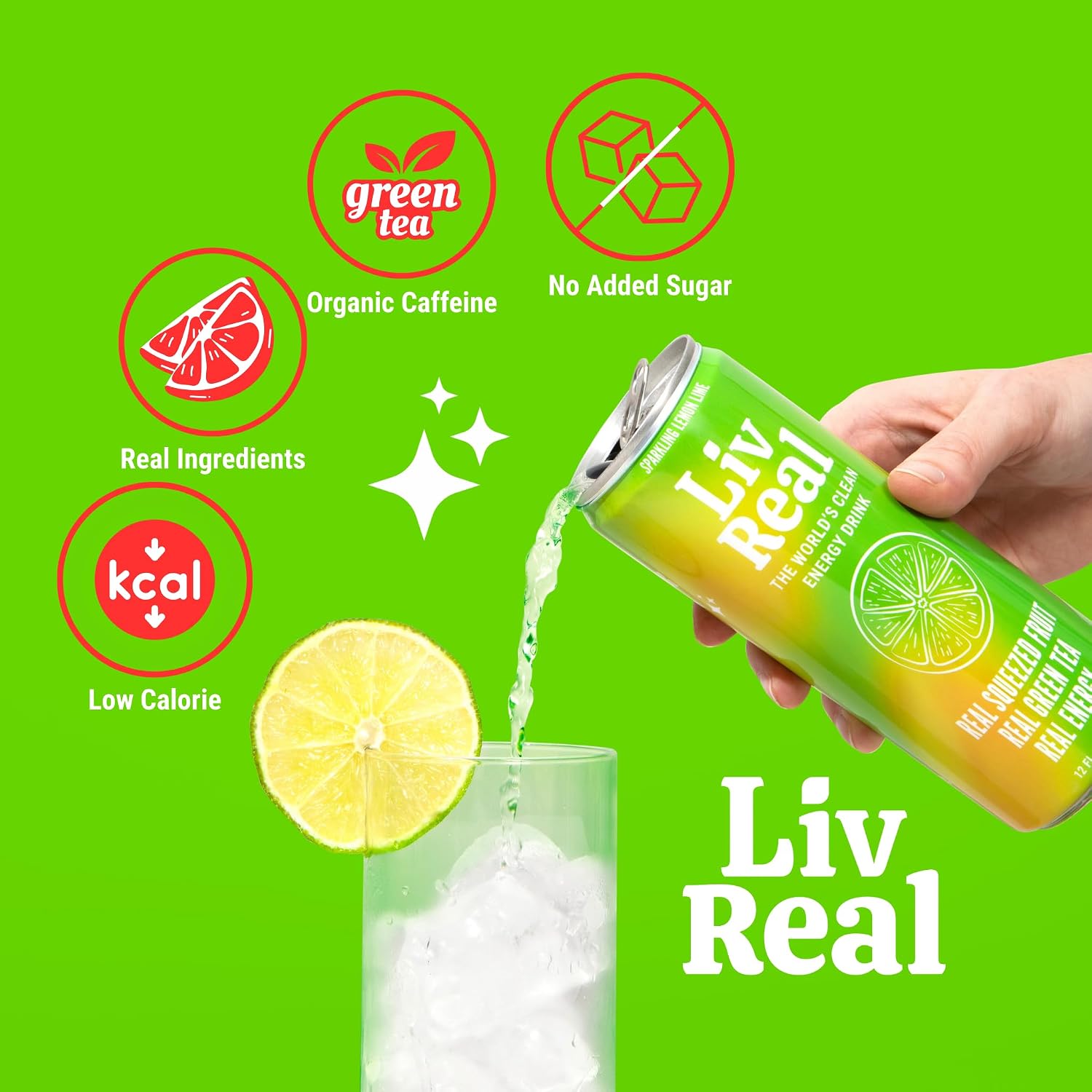 LivReal Clean Energy Drink – Organic Green Tea Caffeine 125mg + L-Theanine 100mg – Real Fruit, No Sweeteners or Flavorings – Vitamin C & B Complex – Sparkling Variety Pack Water – 12 Pack, 12 fl oz