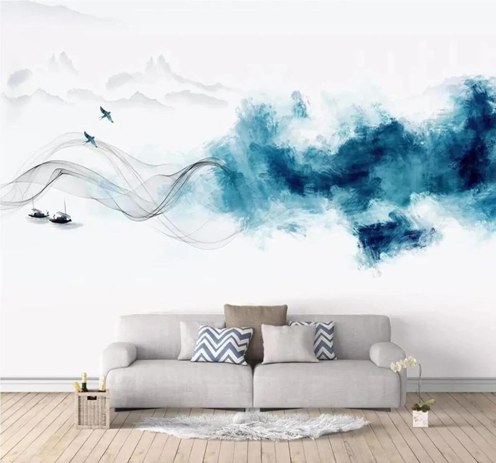 Xlming 200Cm×140Cm(B×H) Abstract Blue Ink Wash Landscape Scenery 3D Wallpaper Luxury Home Dining Decor Paste Sofa Living Room The Wall For Bedroom Mural-200Cm×140Cm