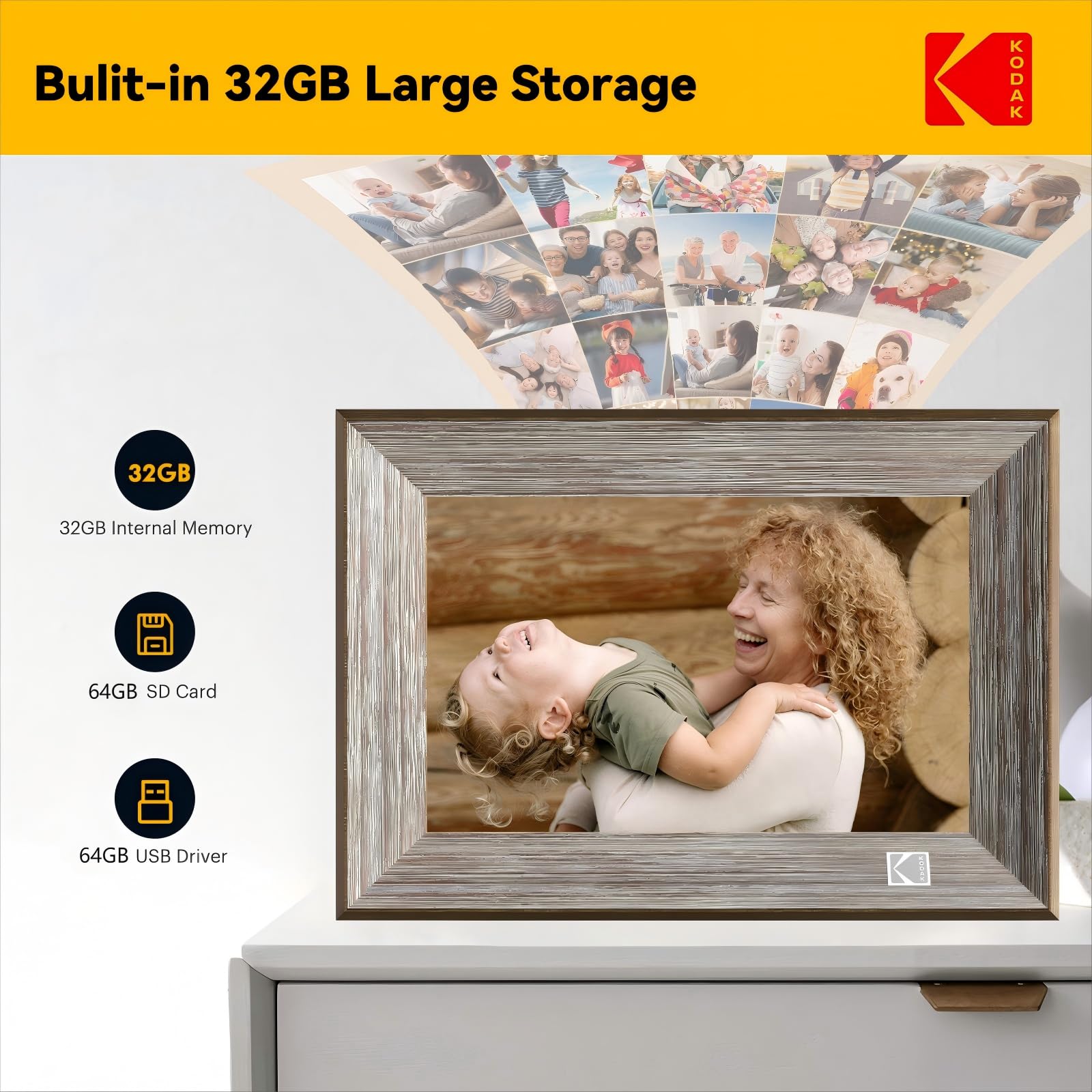 Digitaler Bilderrahmen 10.1 Zoll, Kodak WLAN Digitale Bilderrahmen 1013W, Hölzern Elektronischer Bilderrahmen mit 32 GB Speicher, HD IPS Touchscreen, Teilen Sie Fotos über App, Automatischer Drehung