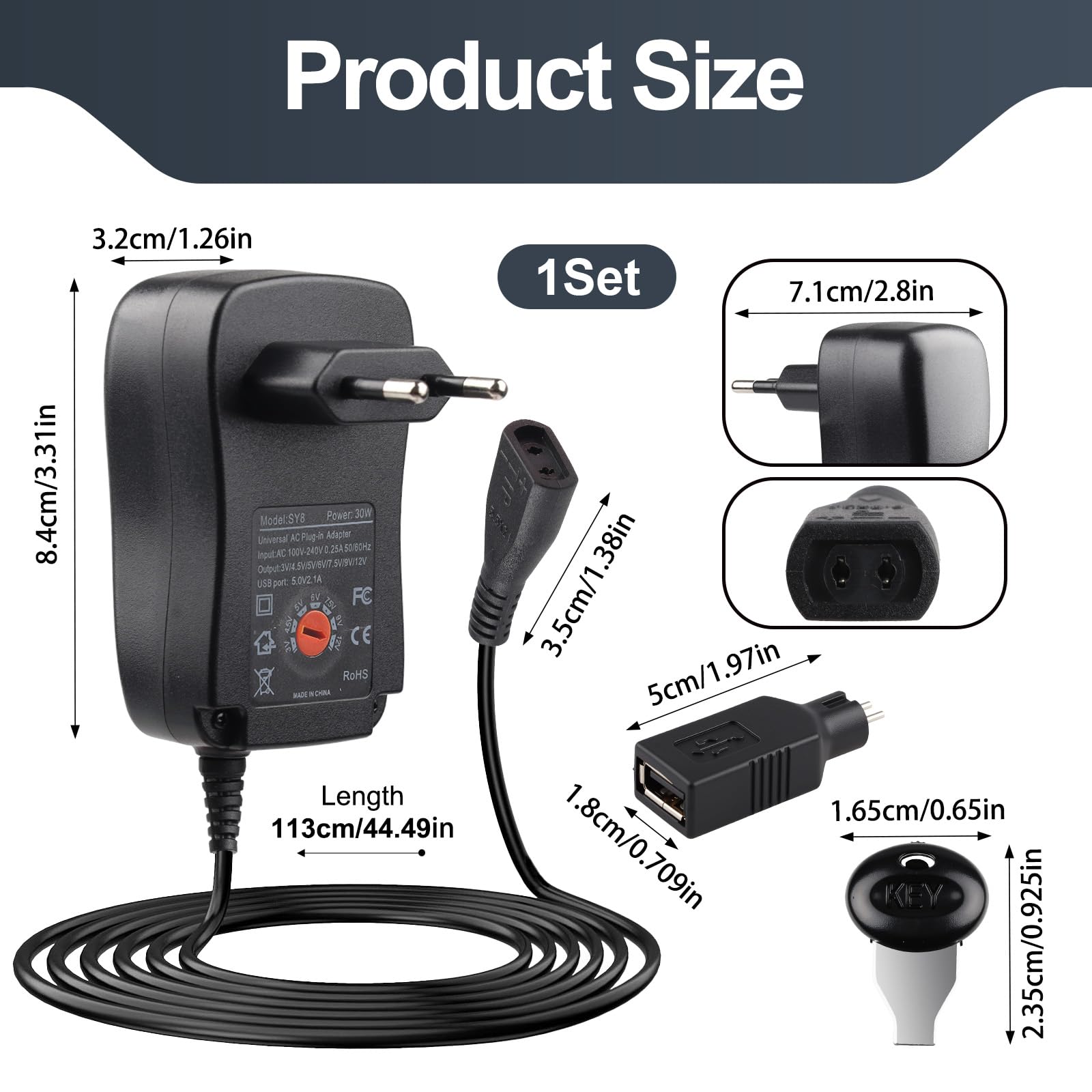 Adattatore AC da 30 W, 2 A, trasformatore con 9 inserti selezionabili per 3 V, 4,5 V, 5 V, 6 V, 7,5 V, 9 V, 12 V