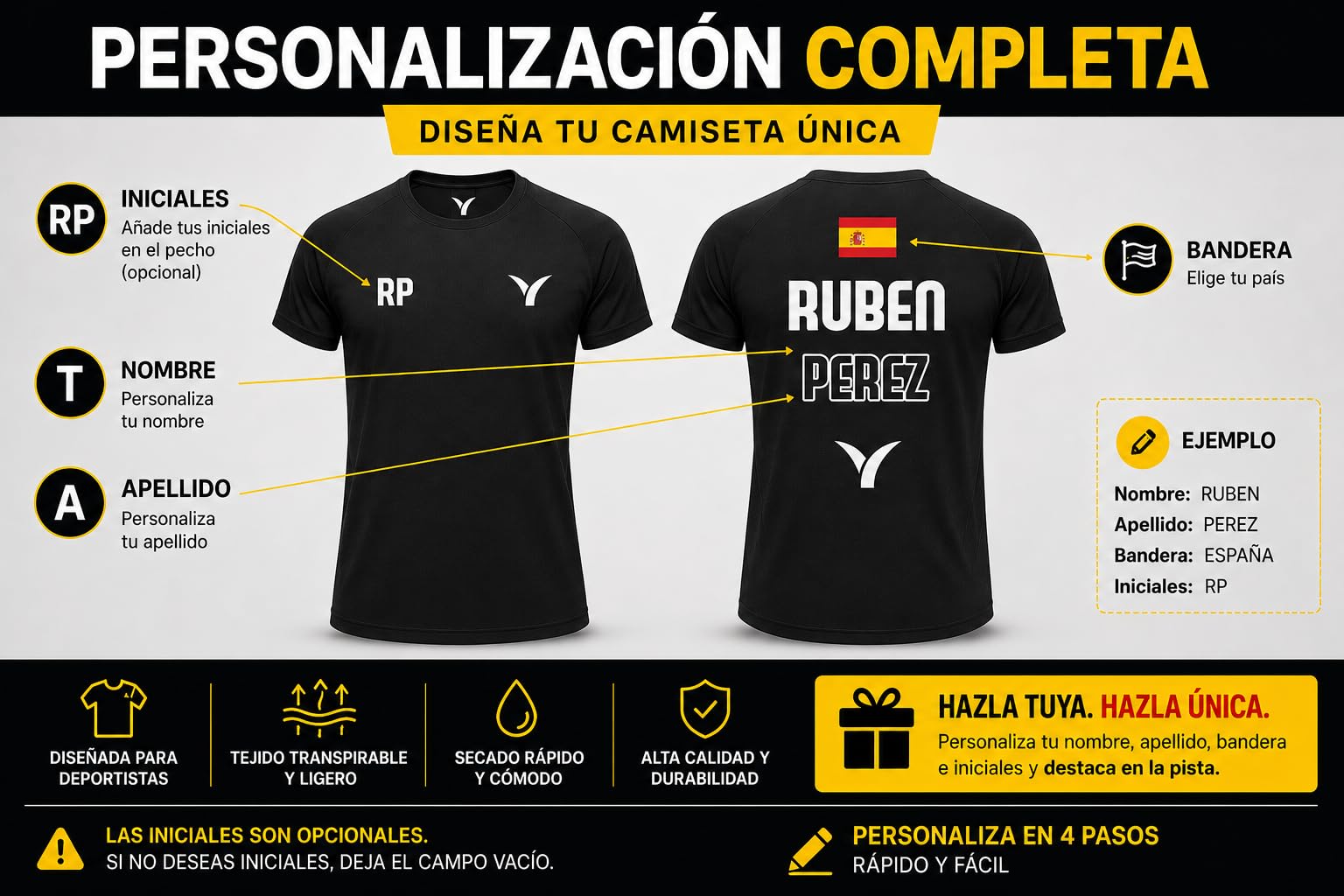 Camiseta Pádel Personalizable Unisex Hombre Mujer con Nombre y Bandera – Impresión DTF, Camiseta Técnica Transpirable, Secado Rápido, Deportiva