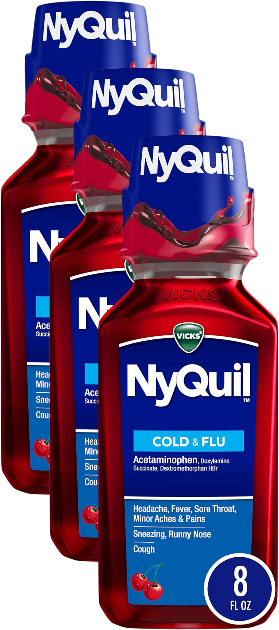 Vicks NyQuil Cough Nighttime Relief, 8 Fl Oz, Cherry Flavor - Relieves Sore Throat, Runny Nose, Cough (Pack of 3)