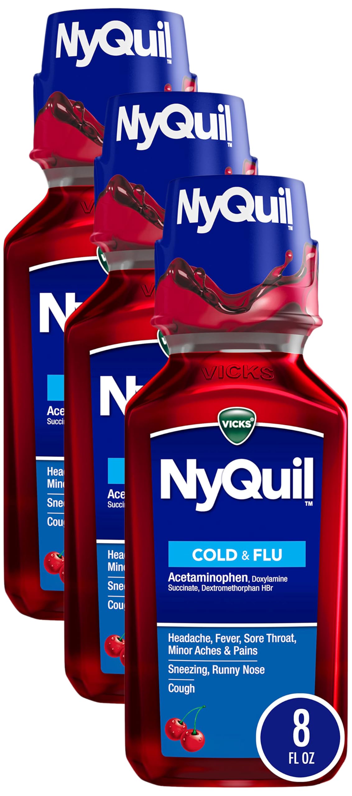 Vicks NyQuil Cough Nighttime Relief, 8 Fl Oz, Cherry Flavor - Relieves Sore Throat, Runny Nose, Cough (Pack of 3)
