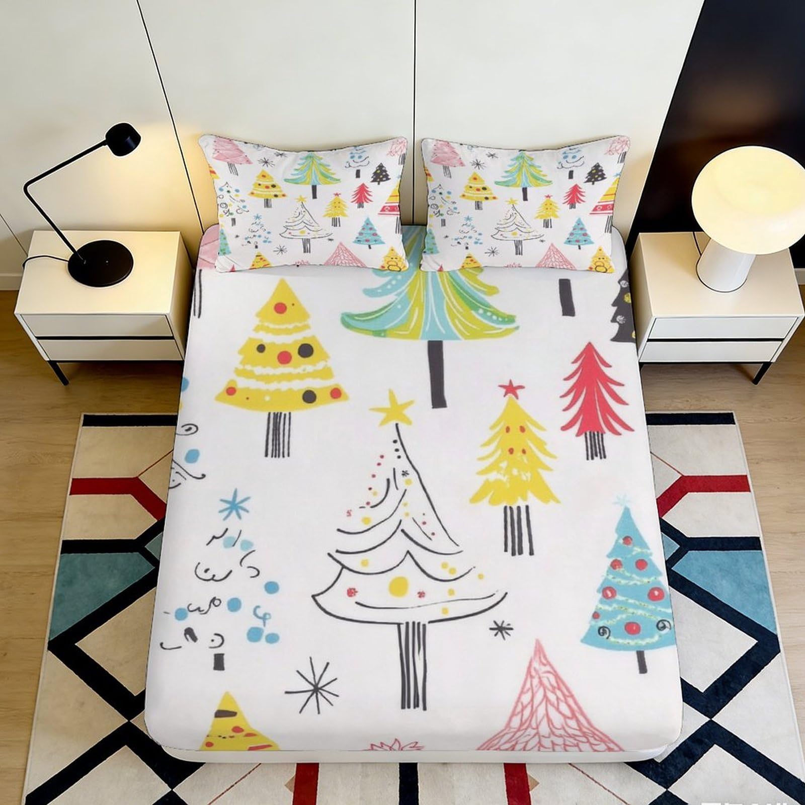 Uynsixtme Style-9 3D Printed Christmas Tree Themed Thickened Microfiber Fitted Sheet Deep Pocket For Bedroom Bedding Christmas Mattress Fitted Cover 200X200x25cm