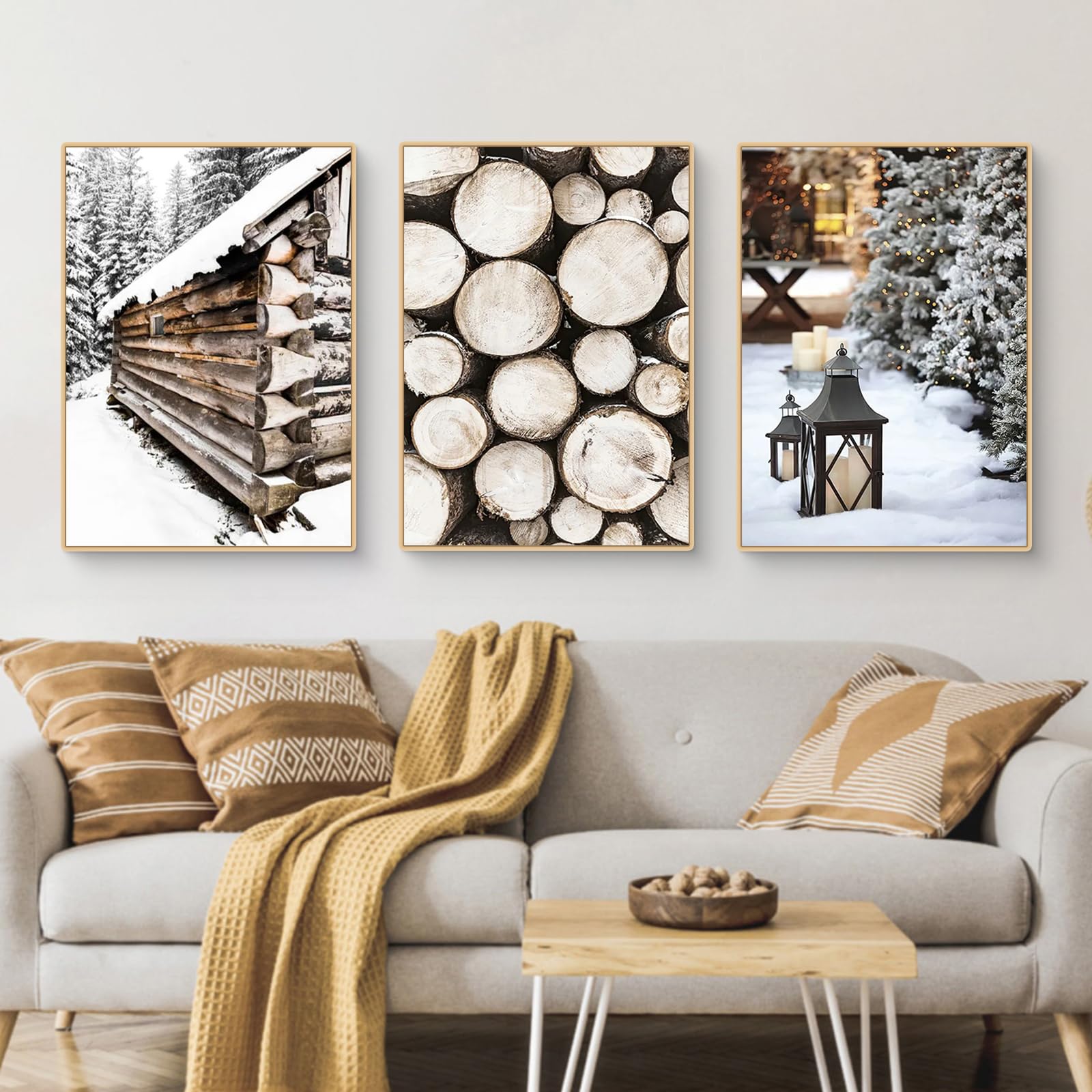 3er Winter Poster Set | Moderne Winter Schneelandschaft Wandbilder | Elch Holzhaus Wald Schlitten Tannenzapfen | Wanddeko Wohnzimmer Schlafzimmer | Winter Bilder Ohne Rahmen (DEF,21x30cm