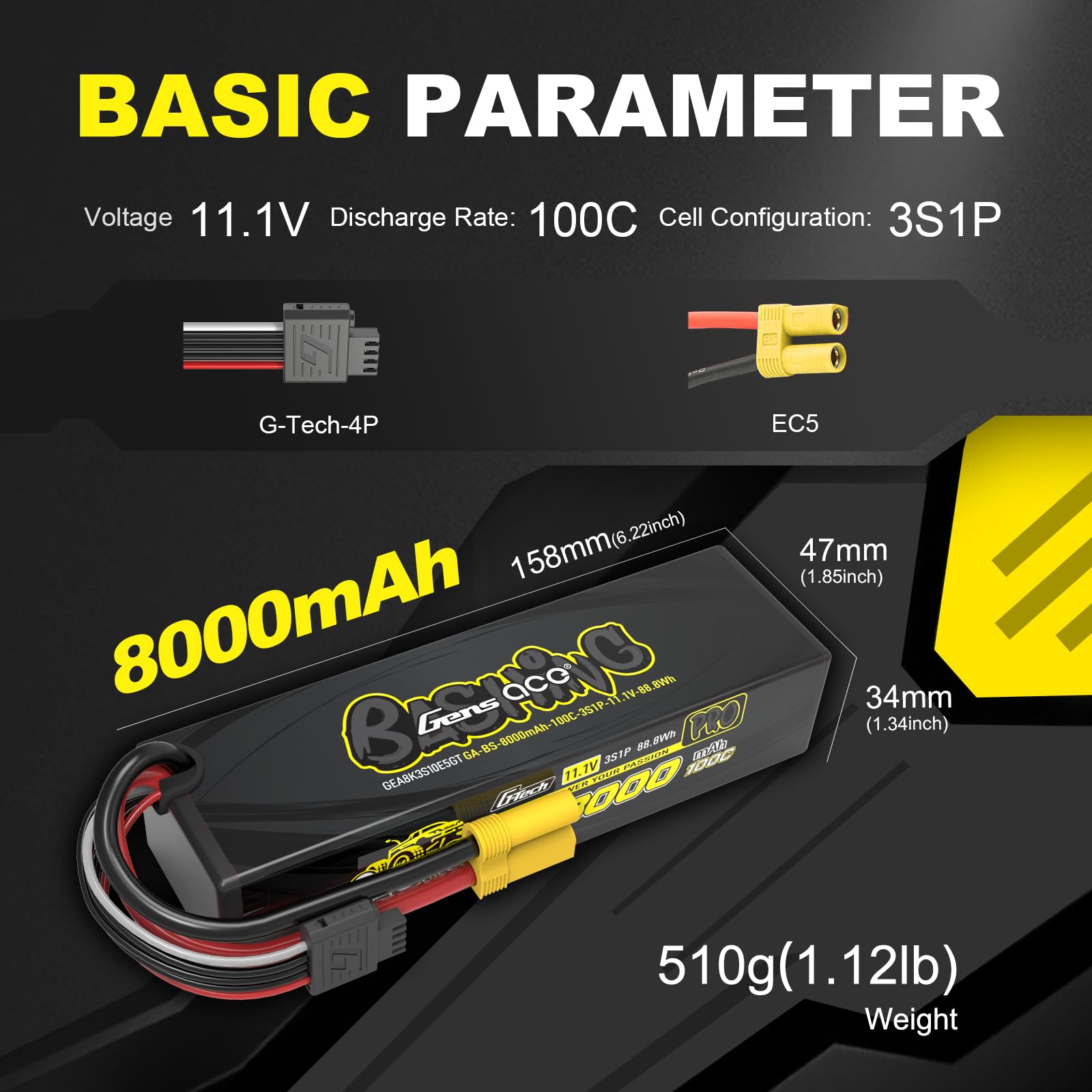 Gens Ace 8000 mAh 11,1 V 100C 3S1P Akumulator LiPo Seria EC5-Bashing – Wysokowydajny akumulator do samochodów RC w skali 1:7/1:8/1:10