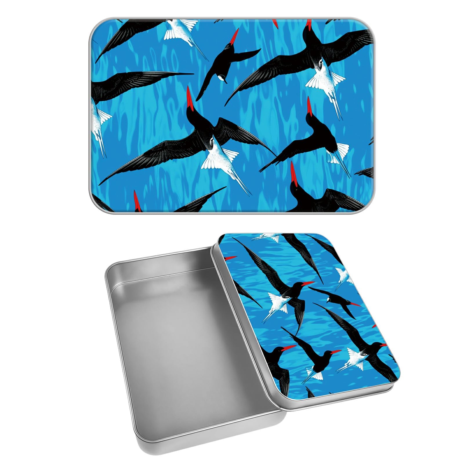 Rectangular Metal Tin Box with Removable Lid, Seagulls Decorative Printed Metal Storage Container for Cash Ticket Credit Card Check 3.46 x 2.36 x 0.7 inch– Single Pack