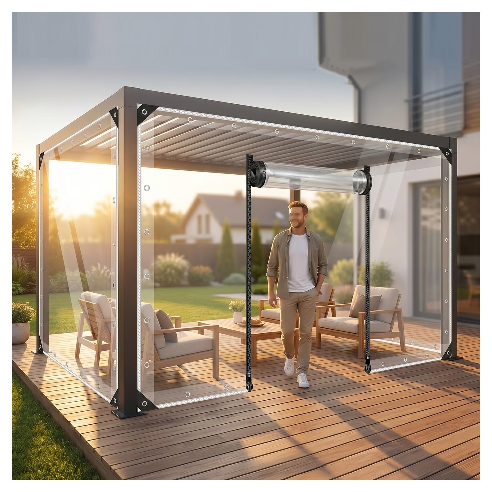 Clear Tarp Patio Enclosure Waterproof PVC Curtains，With Grommets，with Double Zip Transparent Outdoor Tarps Curtains Zipper Door，for Porch, Deck, Balcony,Pergola(H2.1xW3.5m/H6.8xW11.4ft)