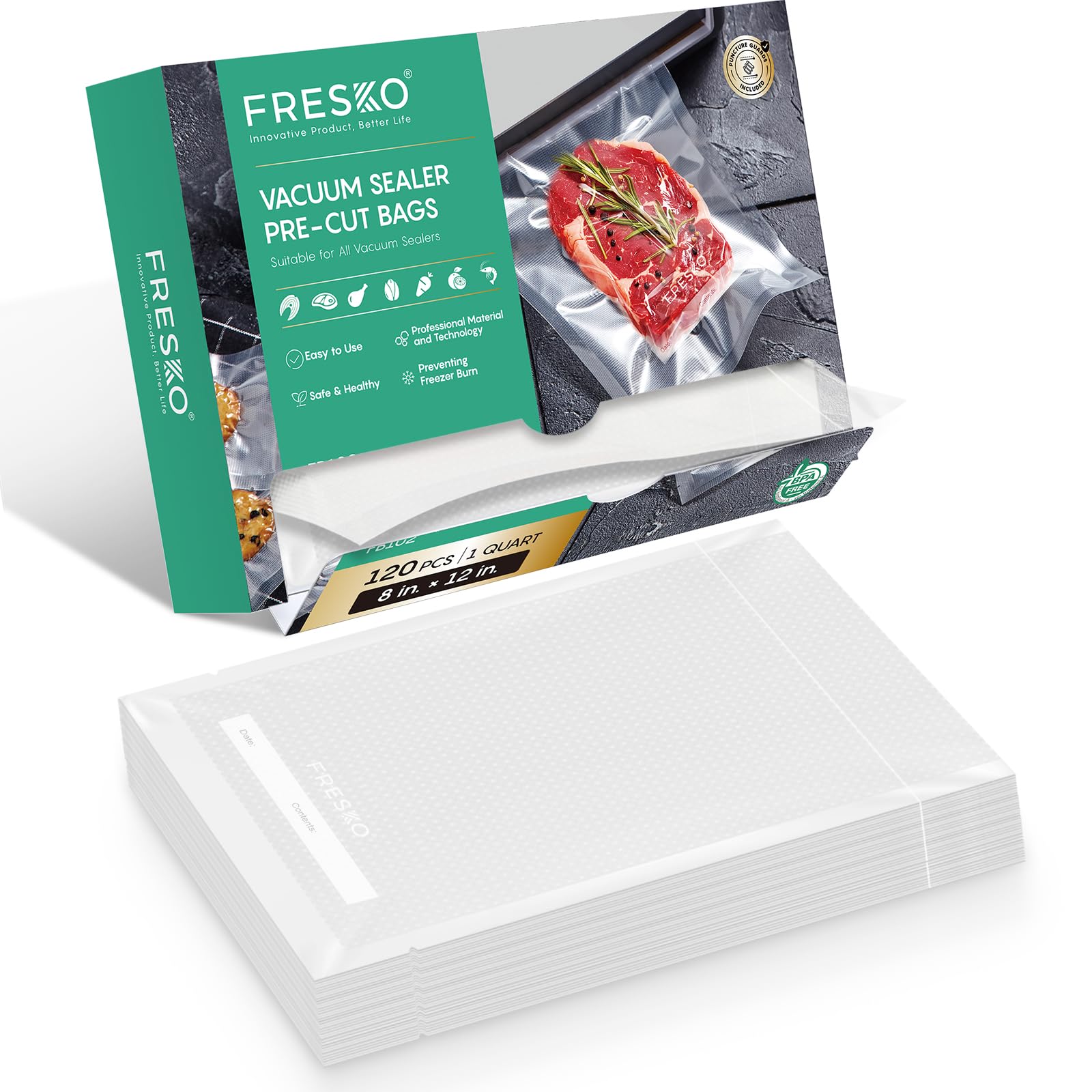 FRESKO 8"x12" Food Vacuum Sealer Bags, 120Pcs PreCut Bags for Food Vacuum Storage, Vacuum Seal Food Sealer Bags with BPA Free and Heavy Duty, Great for Sous Vide Bag Meal Prep