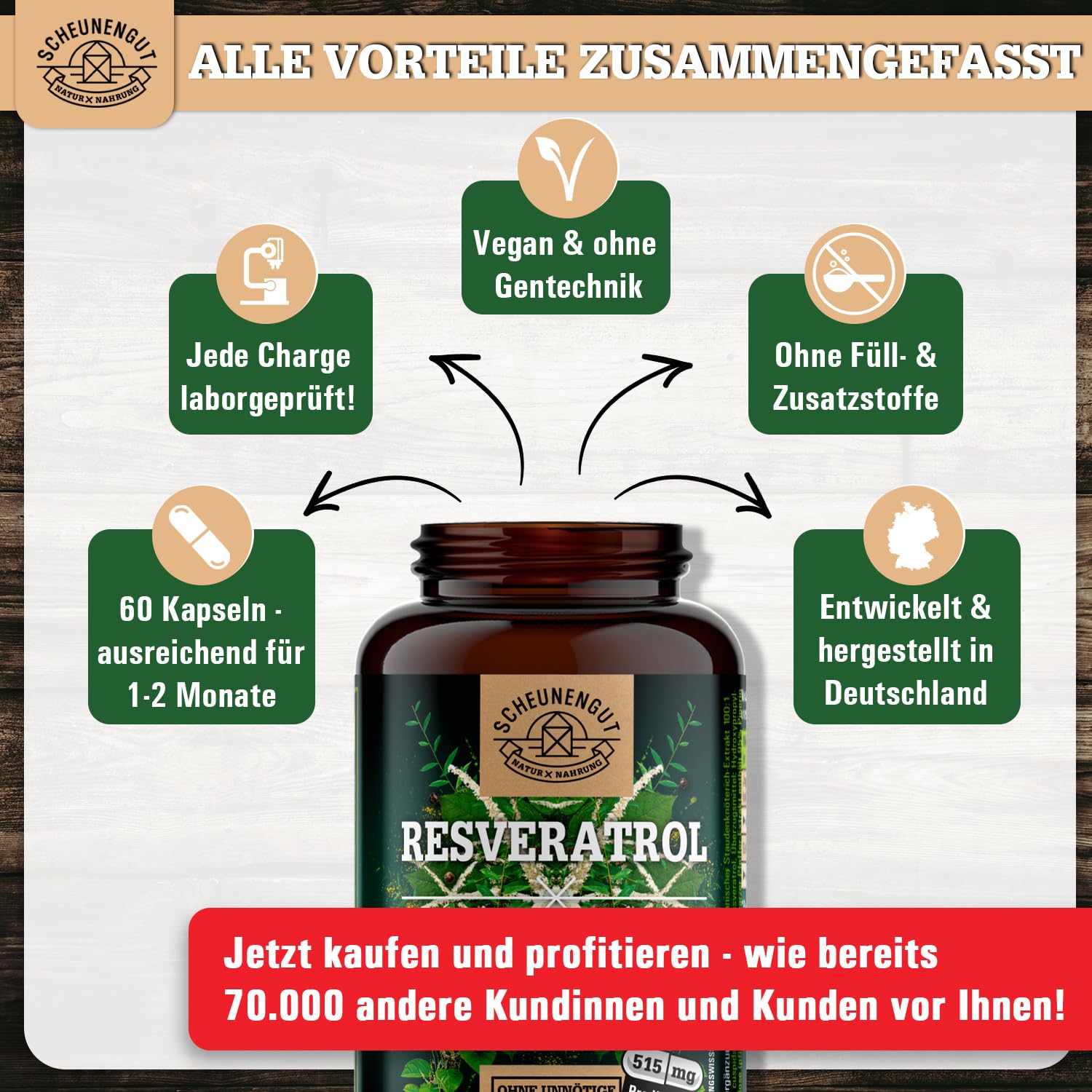 Resveratrol 1000mg -WICHTIG: 100:1 Extrakt (=100000mg jap. Staudenknöterich Wurzel je Tagesdosis) +Piperin -98% Trans-Resveratrol Hochdosiert- Laborgeprüft +Vegan DE SCHEUNENGUT®