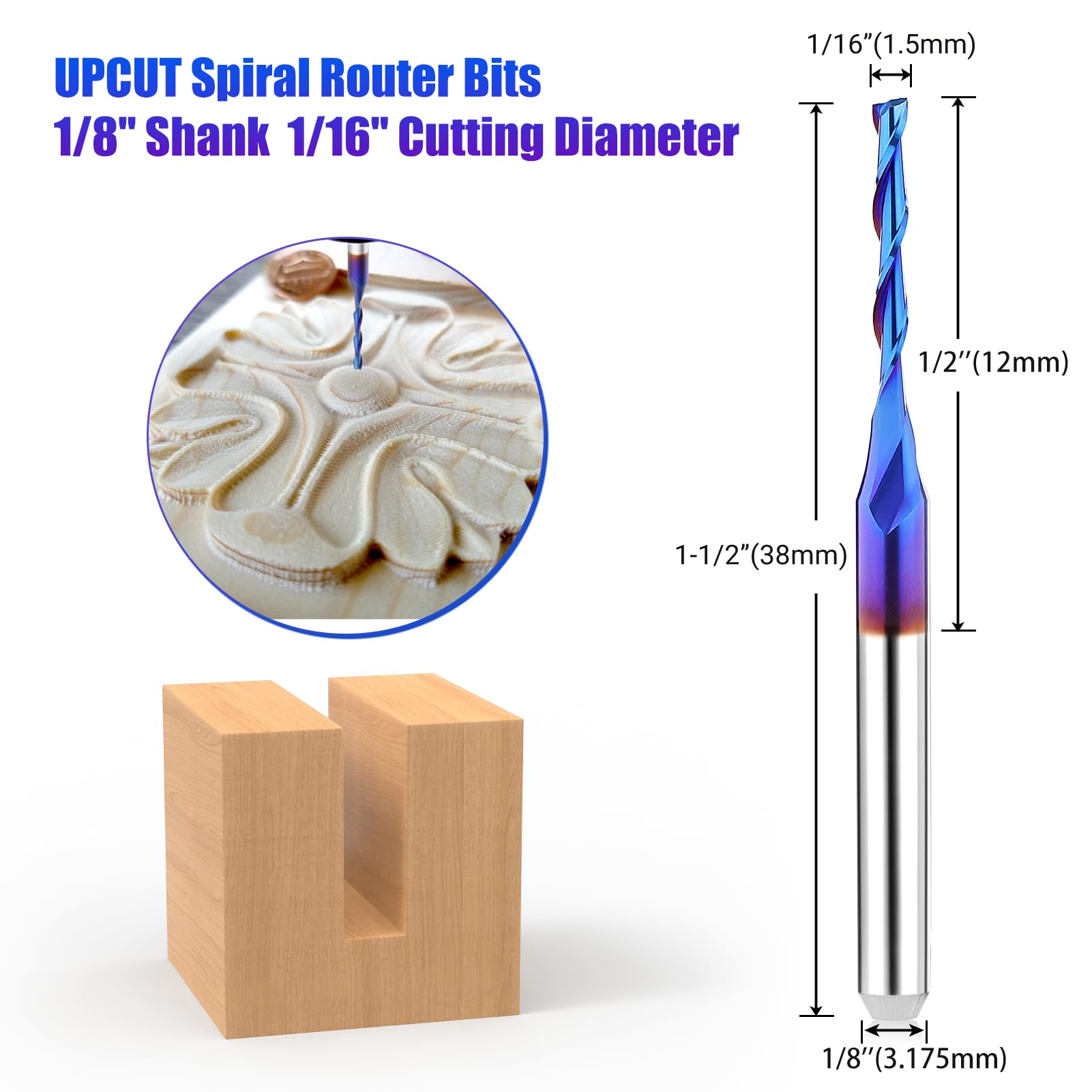 Upcut CNC Router Bits 1/8 inch Shank 1/16'' Cutting Dia Spiral Router Bit 10PCS Two Flutes Carbide End Mills with Coating, 1/8 Spiral Bit Flat Nose CNC Bits Milling Cutter for Wood PVC Cut Engraving