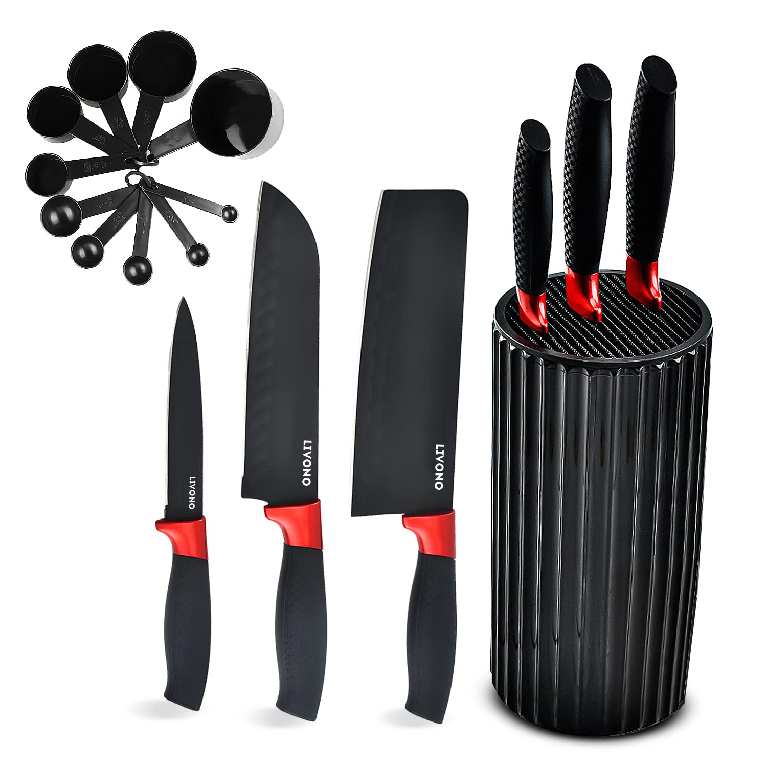 LIVONO Knife set With Holder and 10 Measuring Cup Set | Stainless Steel Black Blade Kitchen Knife With Ergonomic Handle | Multifunction Knives With Nonstick Coating & Ultra Sharp Edge
