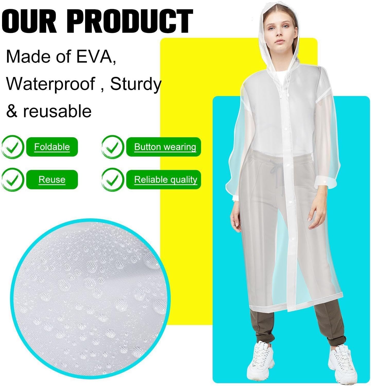 Vicenpal 10 Pcs Rain Ponchos for Adults Reusable Raincoat EVA Rain Coats for Women Men Waterproof Jacket with Drawstring Hood Sleeves - Image 5