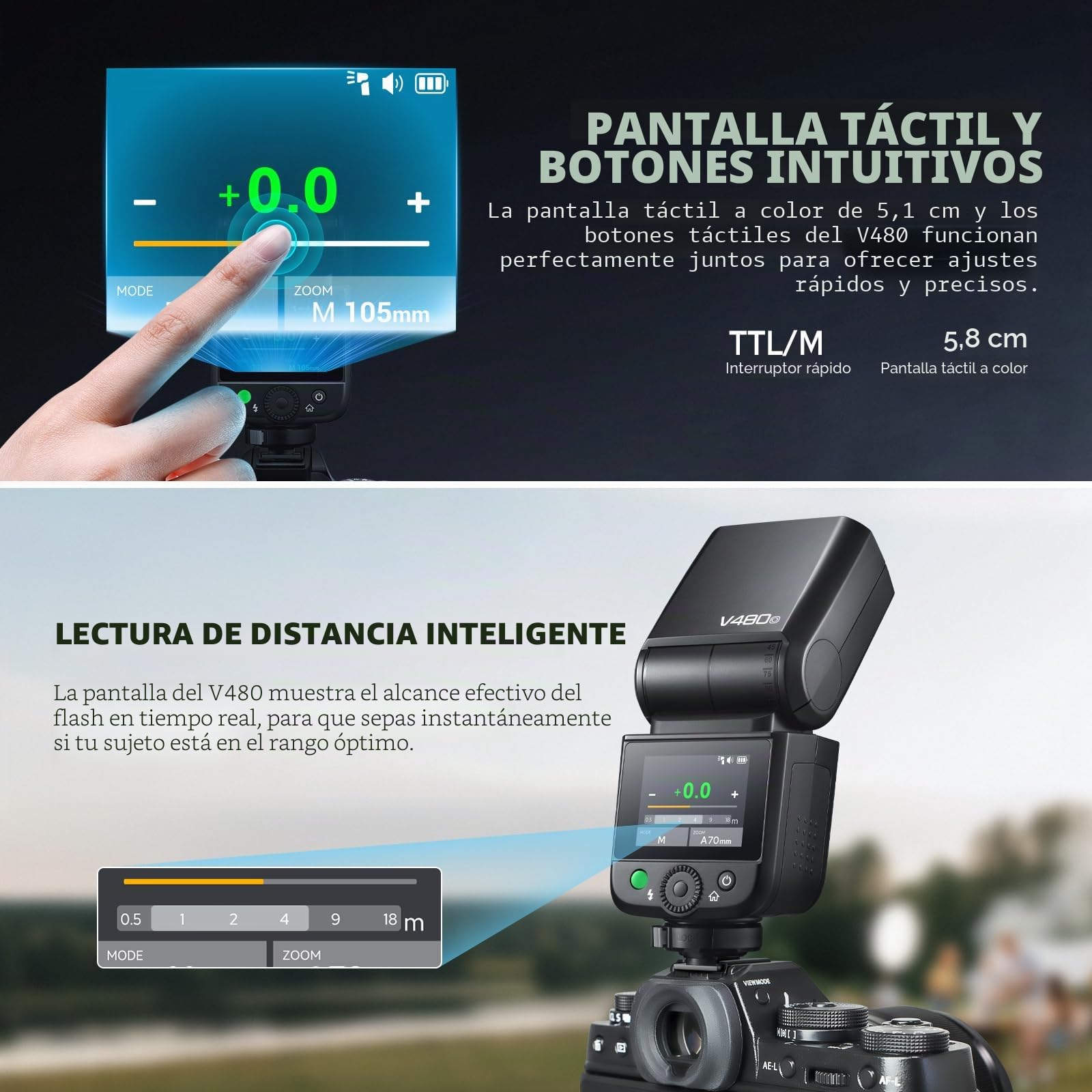 Godox V480O Flash TTL Olympus Panasonic 2.4G HSS 1/8000s pantalla táctil 2.0" | GN50 Speedlite, USB-C Charge, 650 luces de pleno poder, tiempo de carga de 1.7s, lámpara piloto de 10 niveles