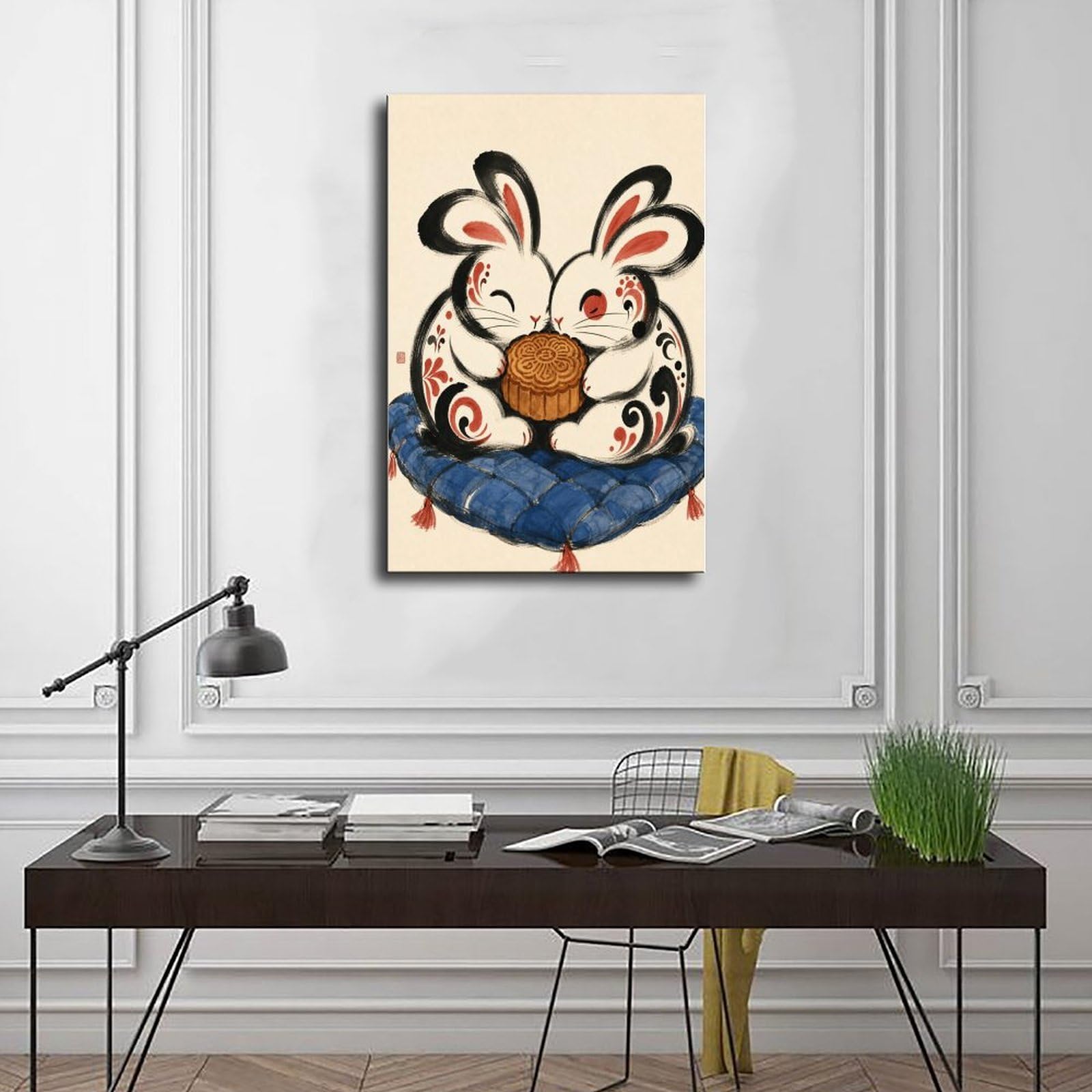 W7C8U2X3 Pareja de Conejos con Tambor Cuadro en Lienzo, Dormitorio | Festival Folclorico, Poster en Lienzo Entrada, Festival Folcloric, Pasillo, Arte Folk, Decoracion Salon, 24x36inch(60x90cm).