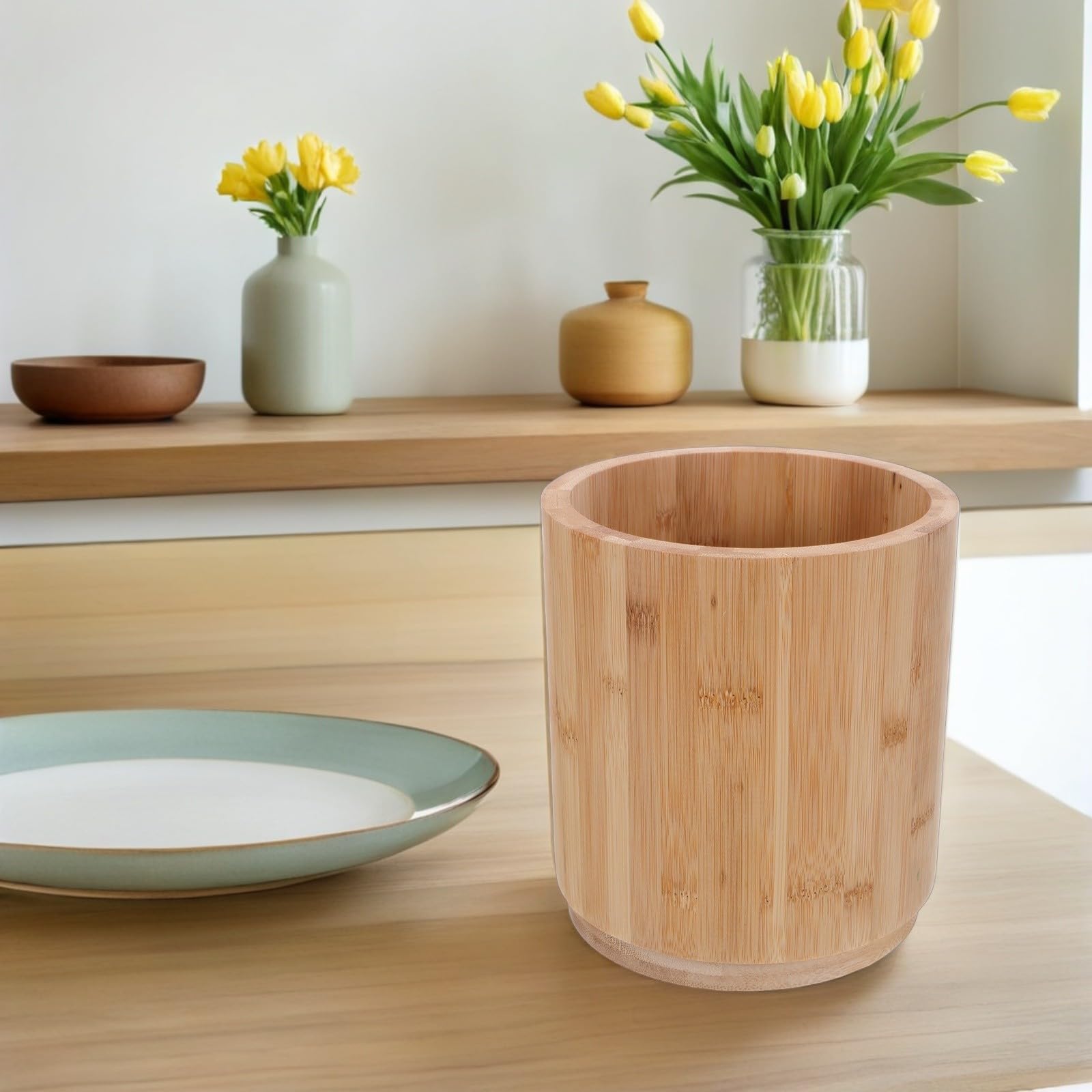 Tofficu Porta Cubiertos y Utensilios de Cocina Giratorio 360° en Madera Natural 17X15 CM, Organizador para Encimera y Uso Diario