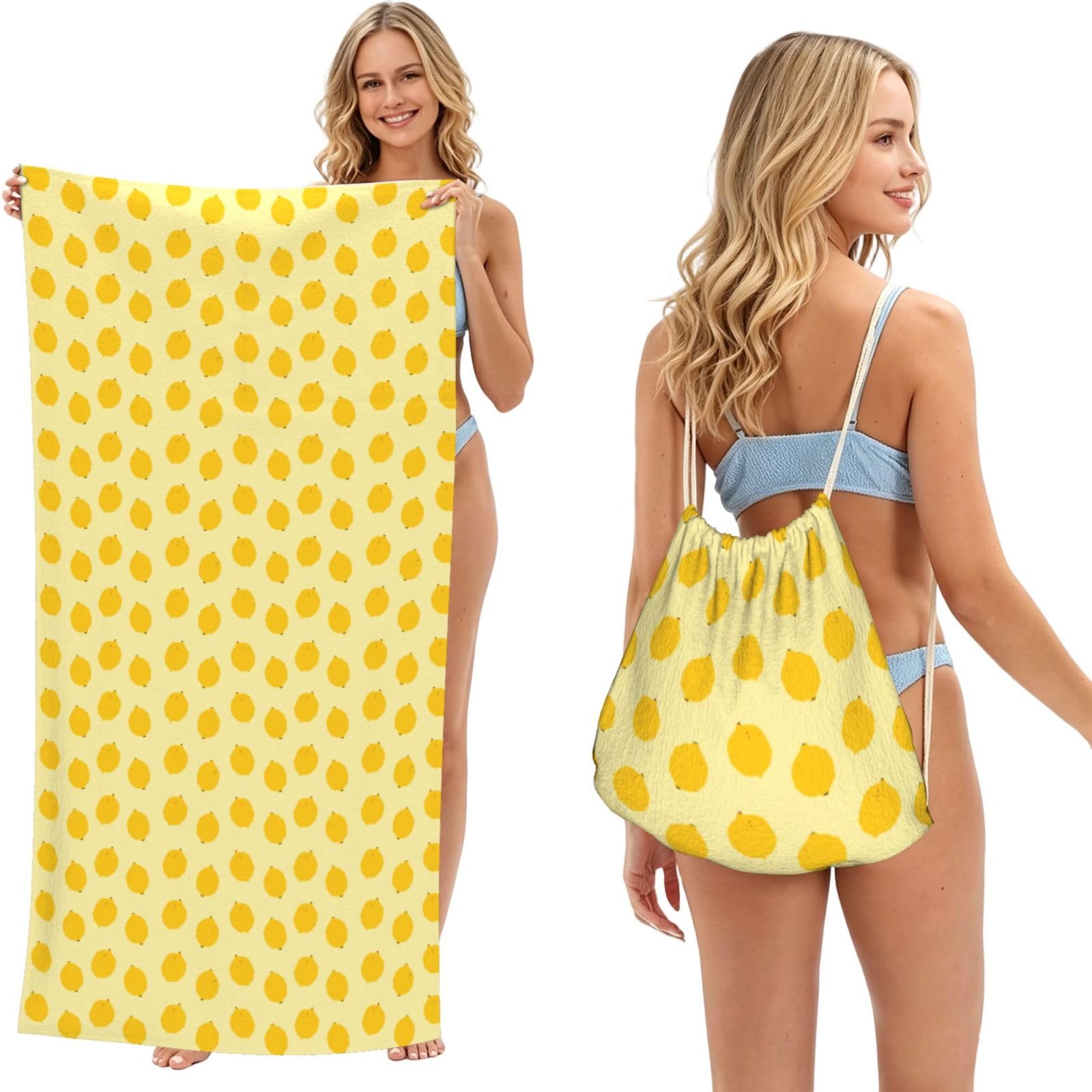 Noble Ren Yellow Lemon 2 In 1 Packable Towel Bag Beach Backpack Unisex Suitable For Travel Picnic Vacation And Camping