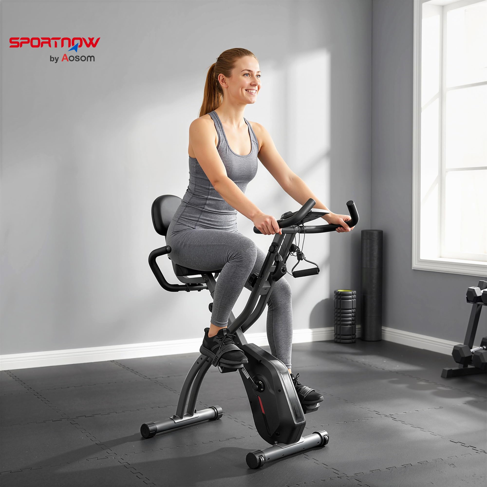 SPORTNOW Cyclette da Casa Pieghevole 3 in 1 con App Bluetooth, Cyclette da Camera con Banda Elastica, 8 Livelli Resistenza Magnetica, Sedile Regolabile, Display LCD, Sensore Cardiaco, Portatelefono
