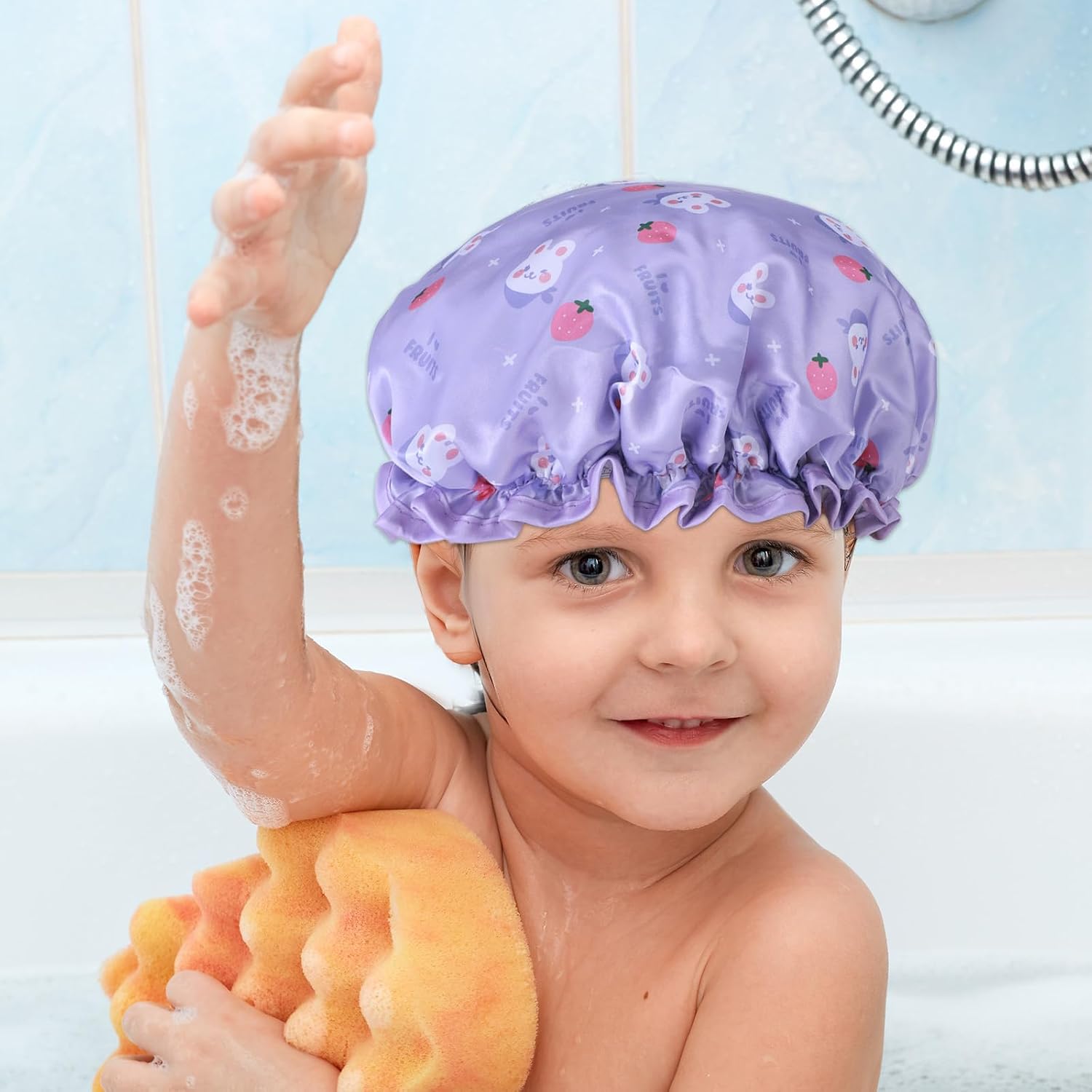 TIESOME Kids Shower Caps, 2 PCS Pink & Purple Waterproof Double Layers Shower Caps Cute Rabbit Bonnets Elastic Band Bonnet Satin and Eva Soft Sleeping Cap Reusable Cap for Kids