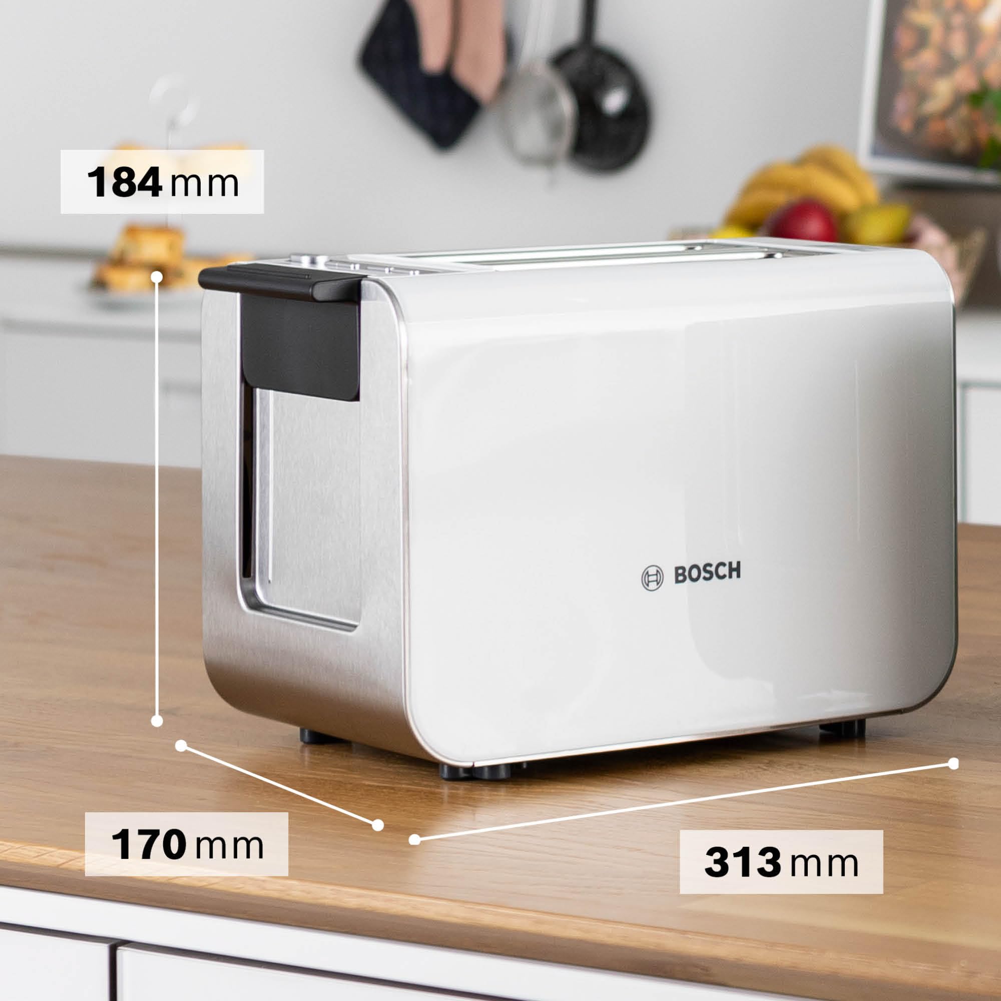 Bosch Toaster Styline TAT8611N, integrierter Brötchenaufsatz, Liftfunktion, Auftaufunktion, Abschaltautomatik, Brotzentrierung, 800 W, Edelstahl/weiß