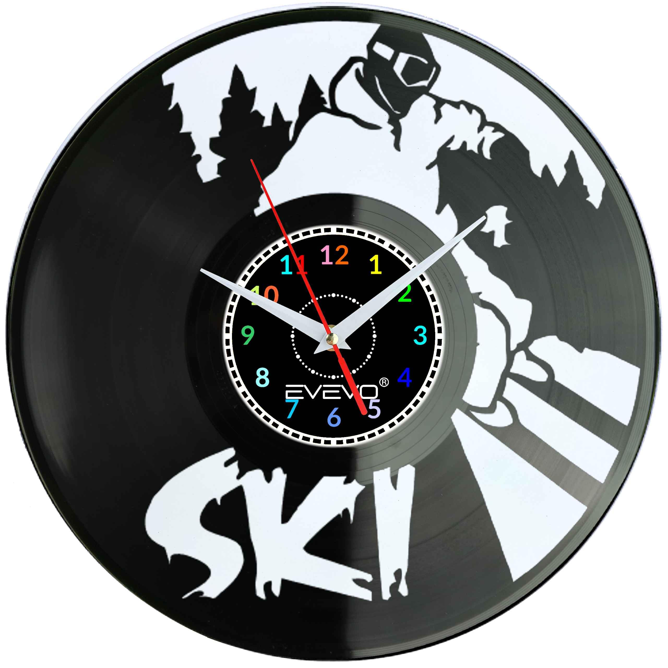ZEGAR ŚCIENNY SKI NARCIARSTWO NARTY FLUORESCENCYJNE TŁO PŁYTA WINYLOWA PREZENT UPOMINEK URODZINY EVEVO F0018