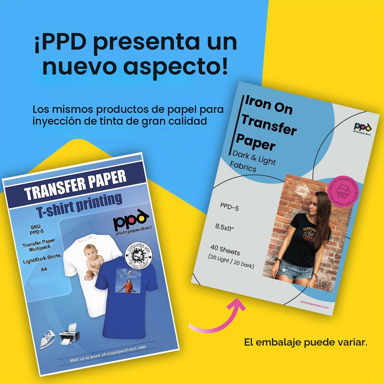 PPD Inkjet - A4 x 40 Hojas de Papel de Transferencia Térmica Premium para Camisetas y Tejidos Mixtos - 20 hh. Telas Claras y 20 hh. Telas Oscuras - Para Impresión de Inyección de Tinta - PPD-5-40