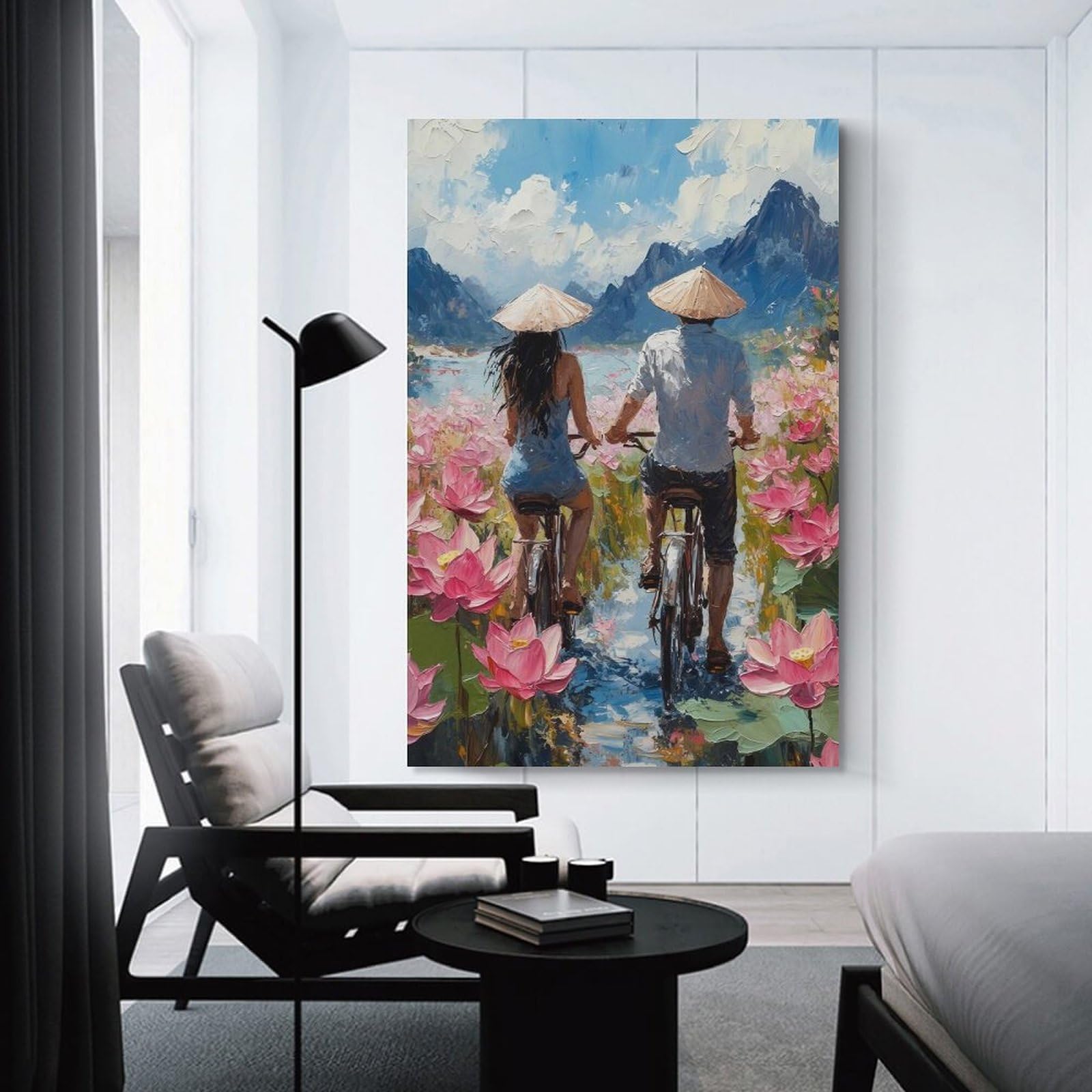 Junmoney Unframe-Style-18 Couple Cycling Through Lotus Field Painting Room Decor Wall Art 20X30inch(50X75cm), For Lounge Decor, Offices Or Entryway Styling, A Flexible Wall Accent For Shared Spaces