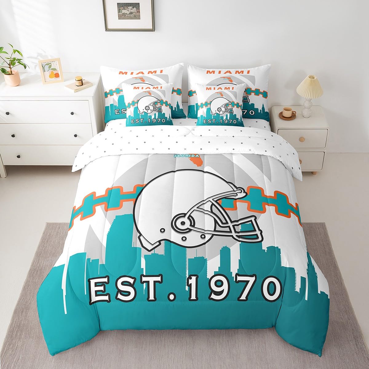 Erosebridal 7 Pcs Comforter Set Queen Size,Boys Football Bed in a Bag with Flat Sheet and Fitted Sheet for Kids and Adults,Football Bedding Set with Pillowcases and Cushion Cases(Miami)