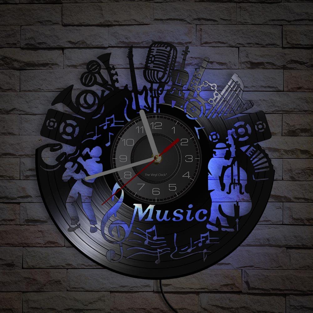 Orologio radiocontrollato in vinile, strumento musicale, orologio da parete con luce notturna a LED, regalo per una bella decorazione per la casa