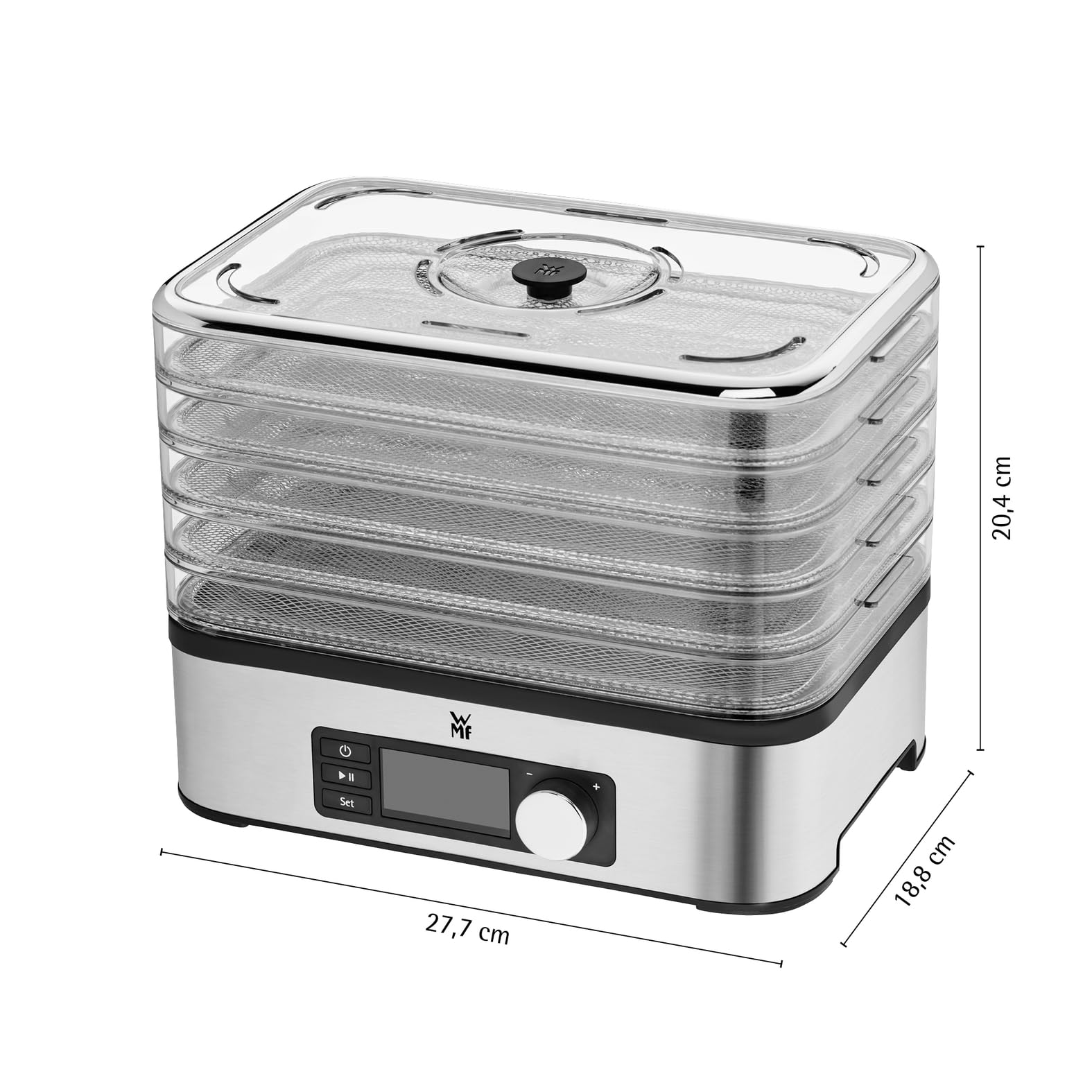 WMF Küchenminis Dörrautomat Edelstahl, Dörrgerät mit 5 Einlegefächern, 30-70°C, bis 24h-Timer, Obsttrockner, Dehydrator, 2 Aufbewahrungsboxen, Müsliriegelform, spülmaschinengeeignete Teile