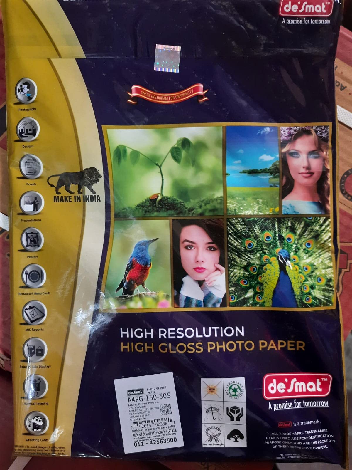Desmat Inkjet High Glossy Photo Paper - A4, 150 GSM, 100 Sheets, 9600dpi 1