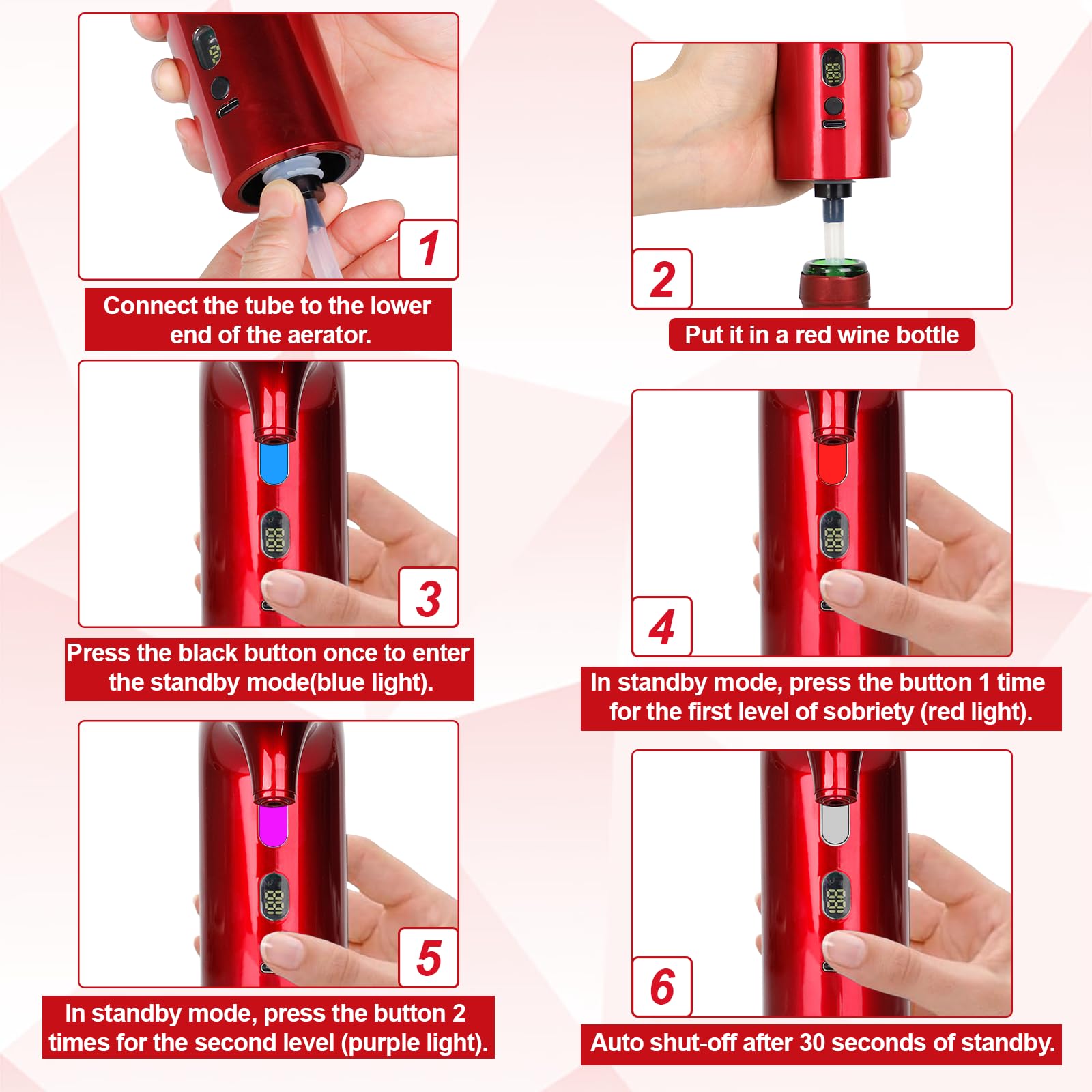 Aireador de vino eléctrico, decantador de vino automático de un solo toque para vino tinto y blanco, dispensador de vino, vertedor de vino, regalos de vino para amantes del vino (rojo) 6