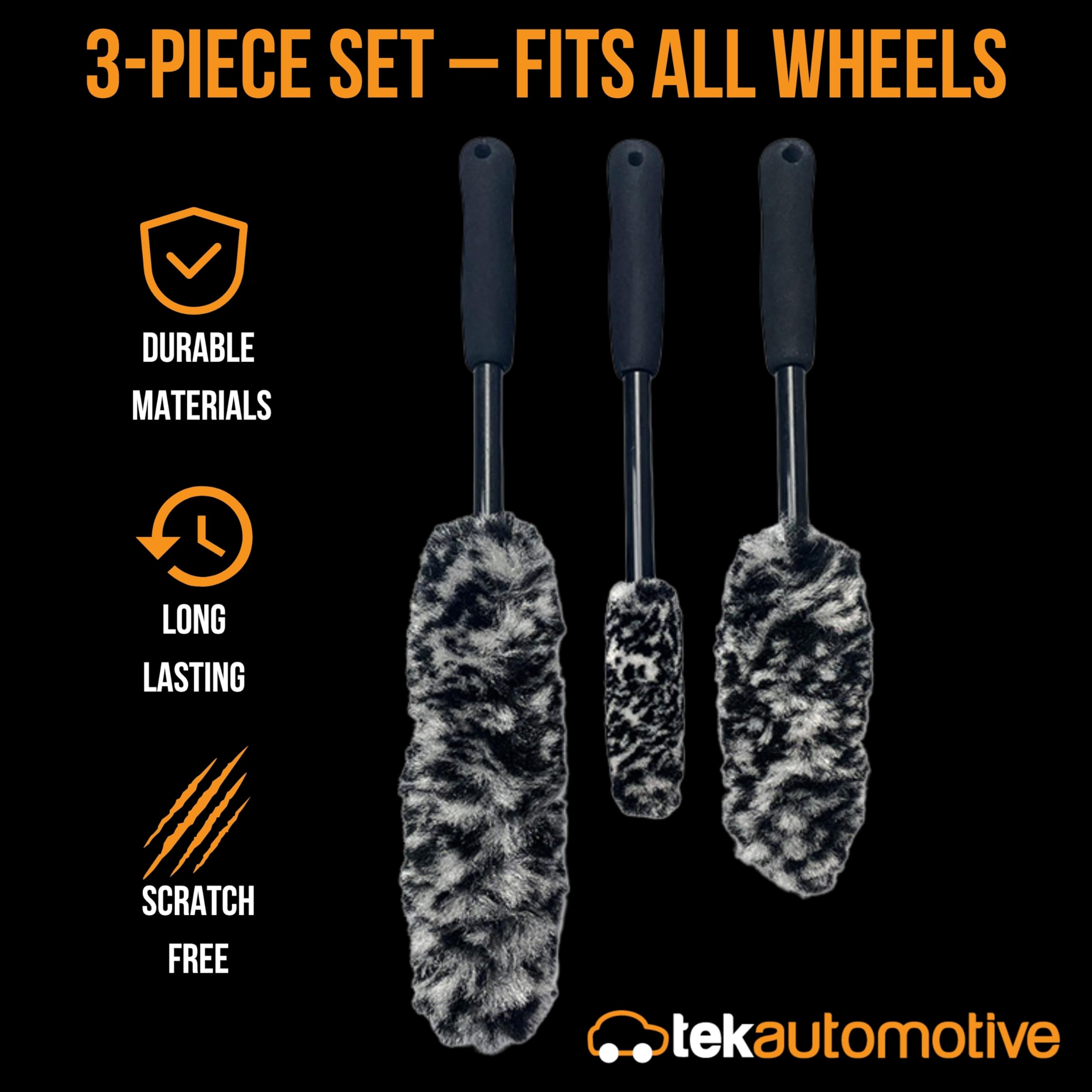 Tek Automotive Set di 3 spazzole in microfibra per cerchioni, griglie, pinze e scarichi, antigraffio, durevoli, design senza schizzi per lavaggio auto e dettagli