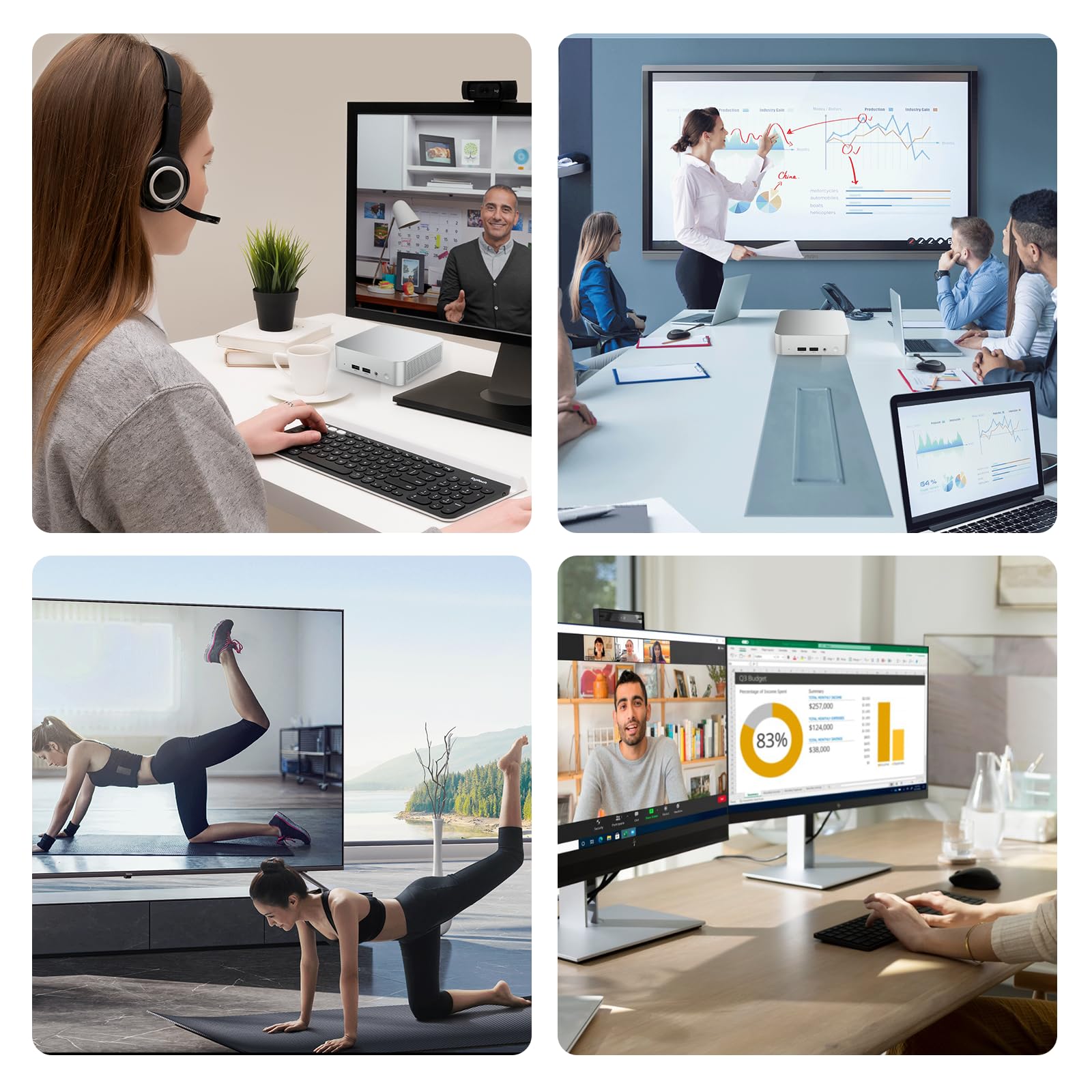 Mini-PC N3710 (4C/4T, 2,4 GHz) 8 GB RAM 128 GB SSD Win10 WLAN5/Bluetooth 4.2/RJ45 LAN 1000M/USB*4/USB-C*2/HDMI*2, 4K@30Hz Dual-Monitor-Ausgabe, ultraleicht, leise, 4-6W energieeffizienter Mini-PC