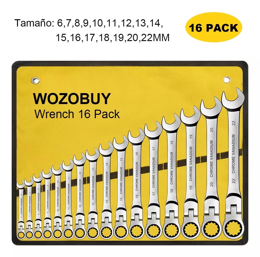WOZOBUY 180° Flex-Head Ratcheting Wrench Set, 16Pcs Metric 6-22mm