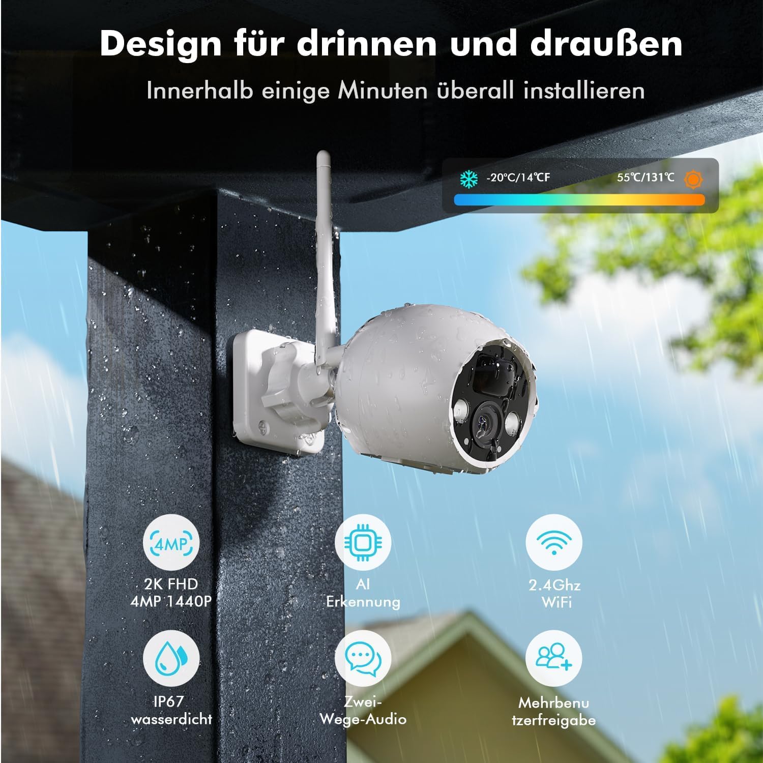 4MP Überwachungskamera aussen akku WLAN Kamera Outdoor mit PIR Bewegungsmelder, Nachtsicht, IP66 Schutz, funktionsfähig mit Alexa