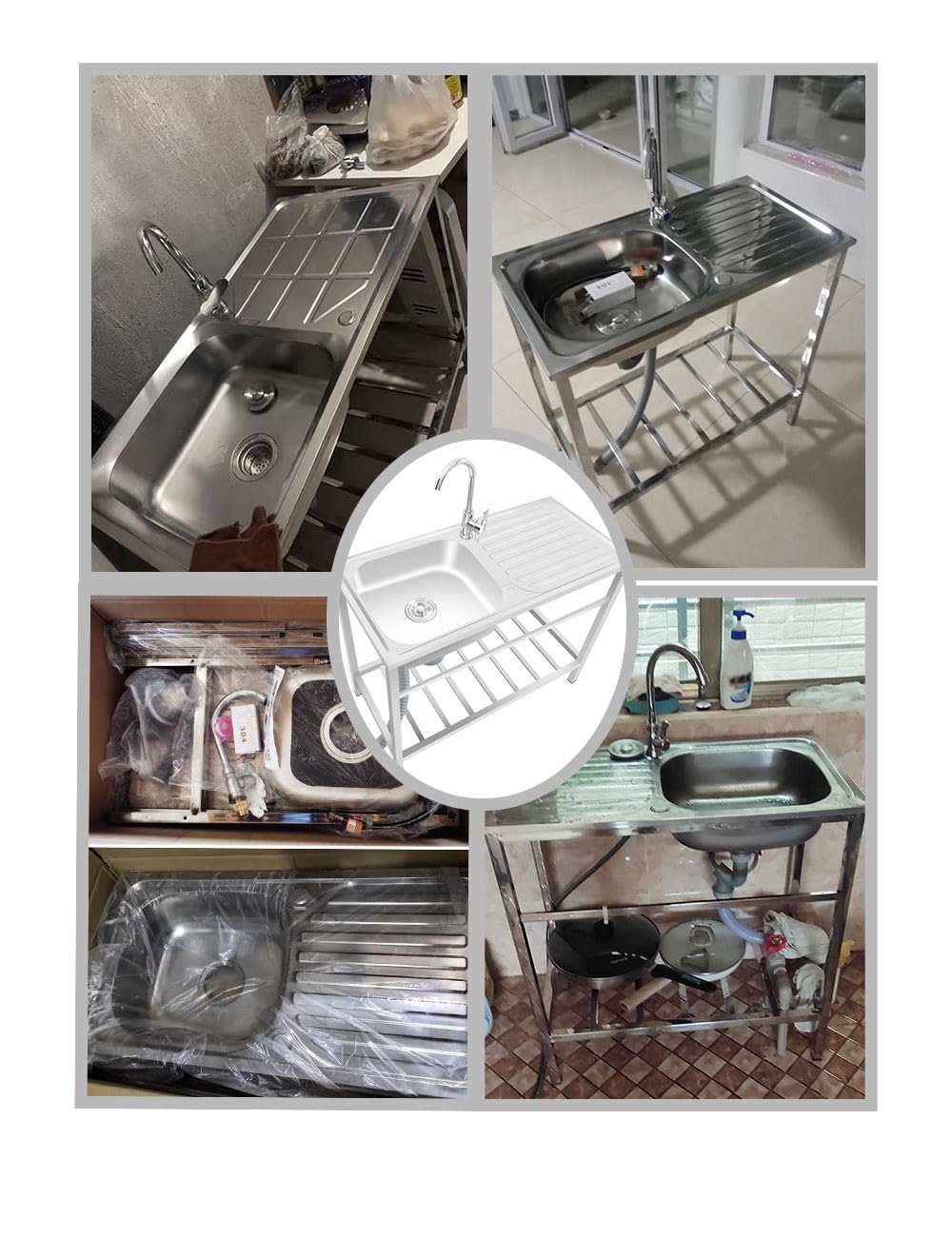 Fregadero Exterior Jardin Fregadero De Acero Inoxidable 304 Independiente con Grifos Kit De Desagüe Fregadero De Cocina Comercial 1 Seno Fregadero Simple Al Aire Libre con Soporte Fácil De Limpiar