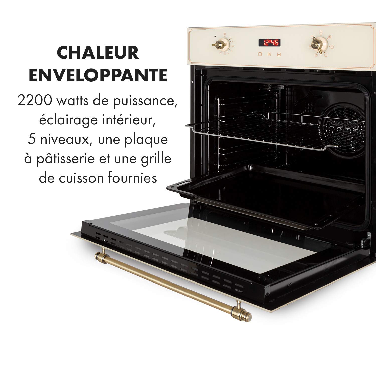 KLARSTEIN Elizabeth - Four électrique encastrable, style rétro, 70L, CEE A, indépendant, convection/chaleur voûte/sole/gril, 2200W, 50-250 °C, bouton rotatif et poignée aspect laiton - crème