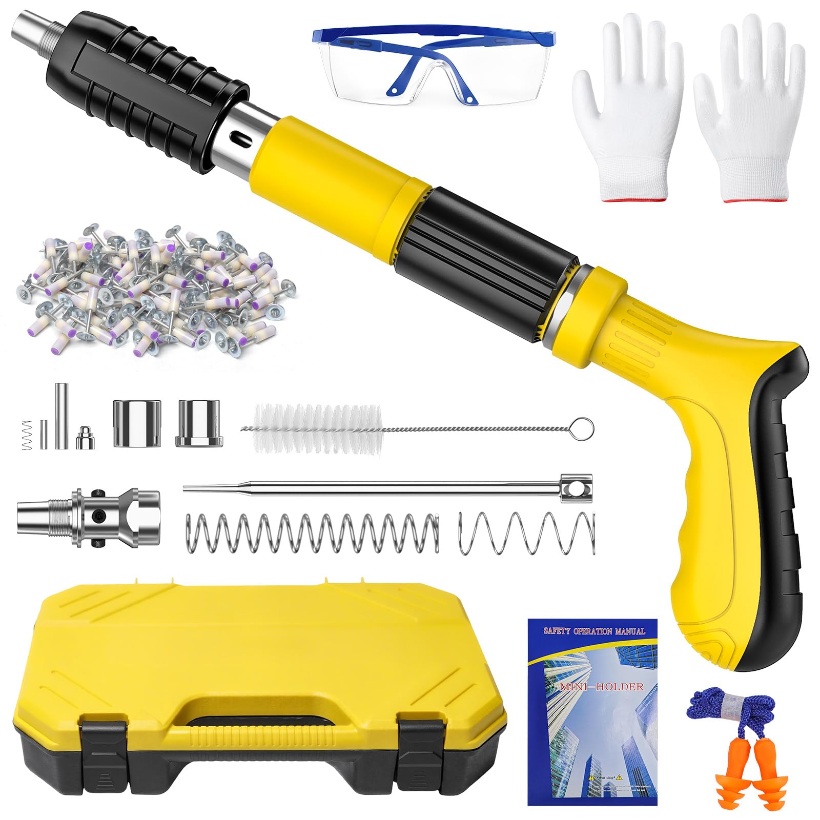 Concrete Nail Gun Kit, Manual Steel Nailer Gun with 100pcs Nails, 5-Gear Adjustable Steel, Portable Manual Nailer Fastening Tool with Gloves, Safety Gogglesa Storage Case for Concrete, Steel, DIY (B)