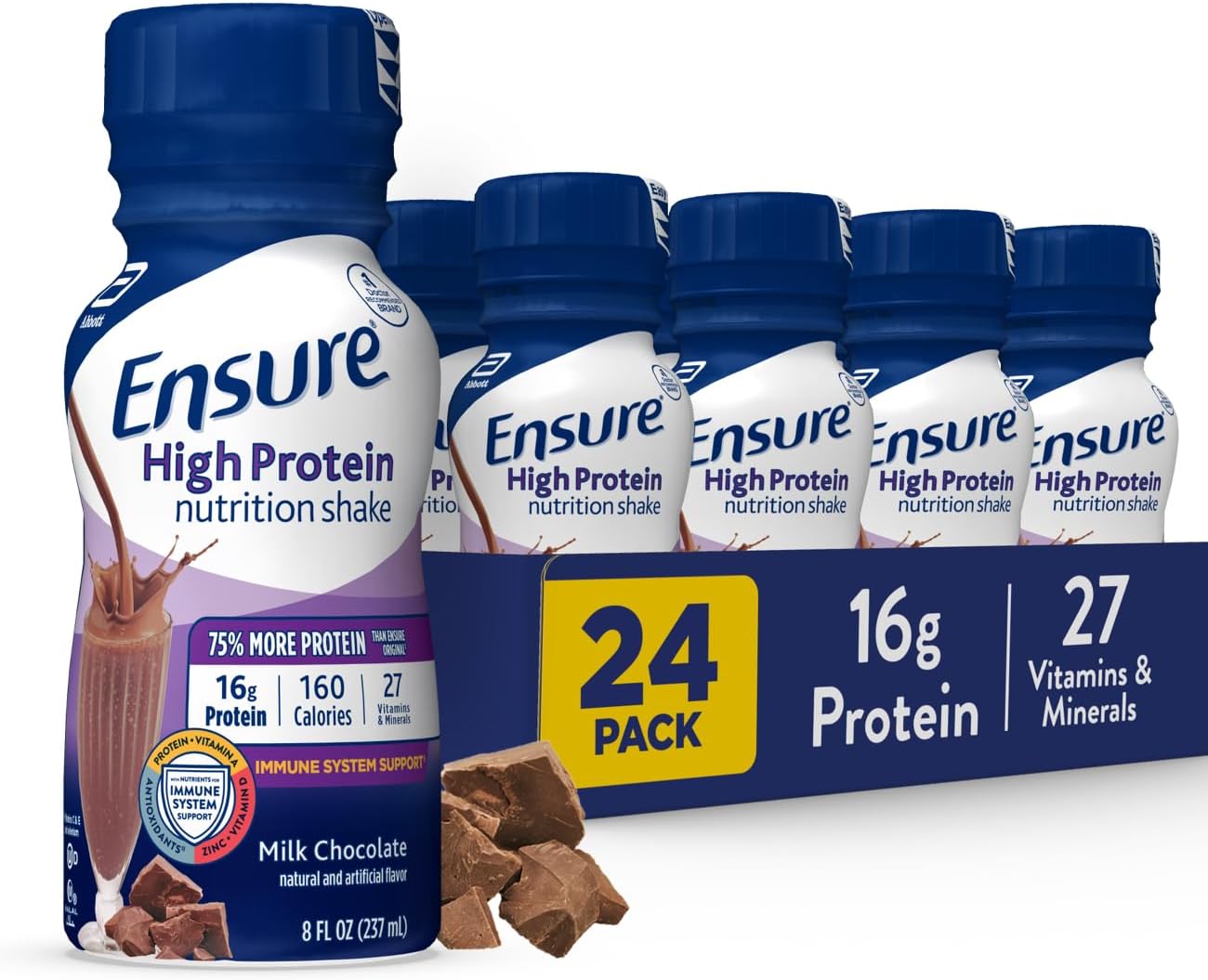 Ensure High Protein Milk Chocolate Nutrition Shake, Ready to Drink, 16g Protein and 27 Vitamins and Minerals, 8 fl oz, 24 Pack