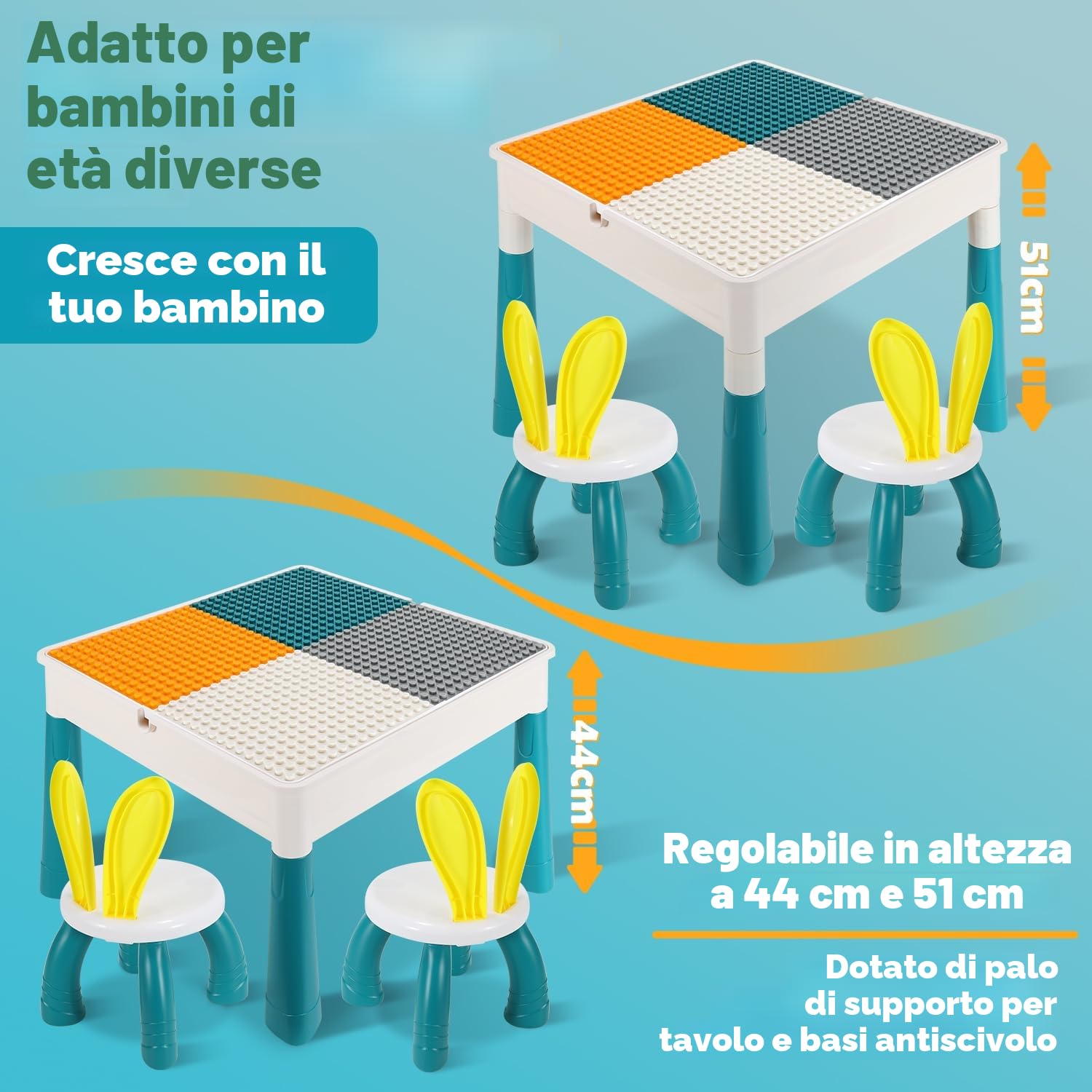 Tavolo Attività per Bambini Ansobea, Set Tavolo e Sedie per Bambini con Altezza Regolabile, 251 Pezzi di Mattoncini Compatibili Gioco Include 2 Sedie e Ampio Spazio di Stoccaggio, Tavolo per Bambini
