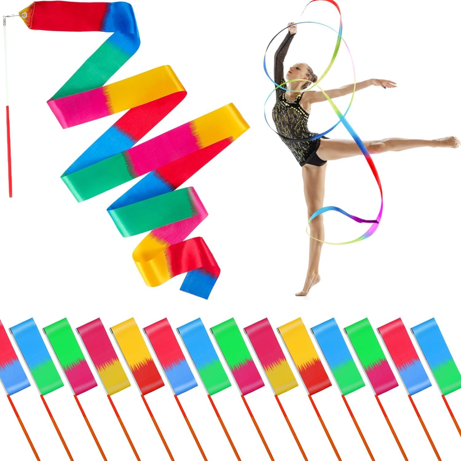 Mr Rex 10 Stück Mehrfarbig Gymnastikband Tanzband Schwungband mit Stab Kinder Mädchen, Karneval Zirkus Spielzeug für Kinder Draußen Geschenke Kindergeburtstag Mitgebsel