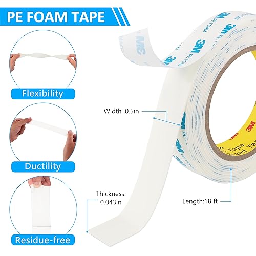 Miniatura 2 de 3M - Cinta de doble cara de 0.39 pulgadas x 18 pies, cinta de espuma de polietileno, color blanco, 1600T de 0.04 pulgadas de grosor, adhesivo