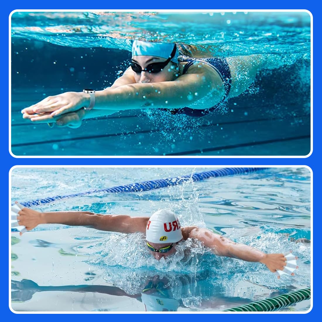 3 Paires Gants de Natation, Palmes D'entraînement de Natation, Gants Palmés de Natation, Palmes de Plongée, Gants de Natation Silicone, Pagaie à la Main, Convient aux Adultes (M, Bleu)