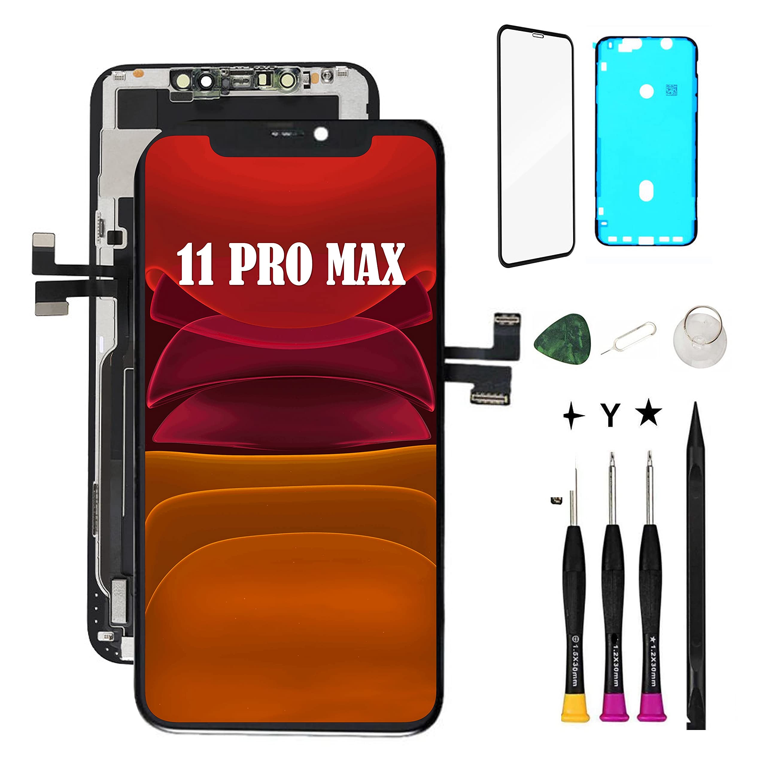 YRYK Compatible with iPhone 11 Pro MAX Screen Replacement Kit LCD digitizer Screen Assembly 6.5 Inch 3D Touch Face ID Adhesive Strips Screen Protector Included TFT A2161, A2220, A2218 (Black)