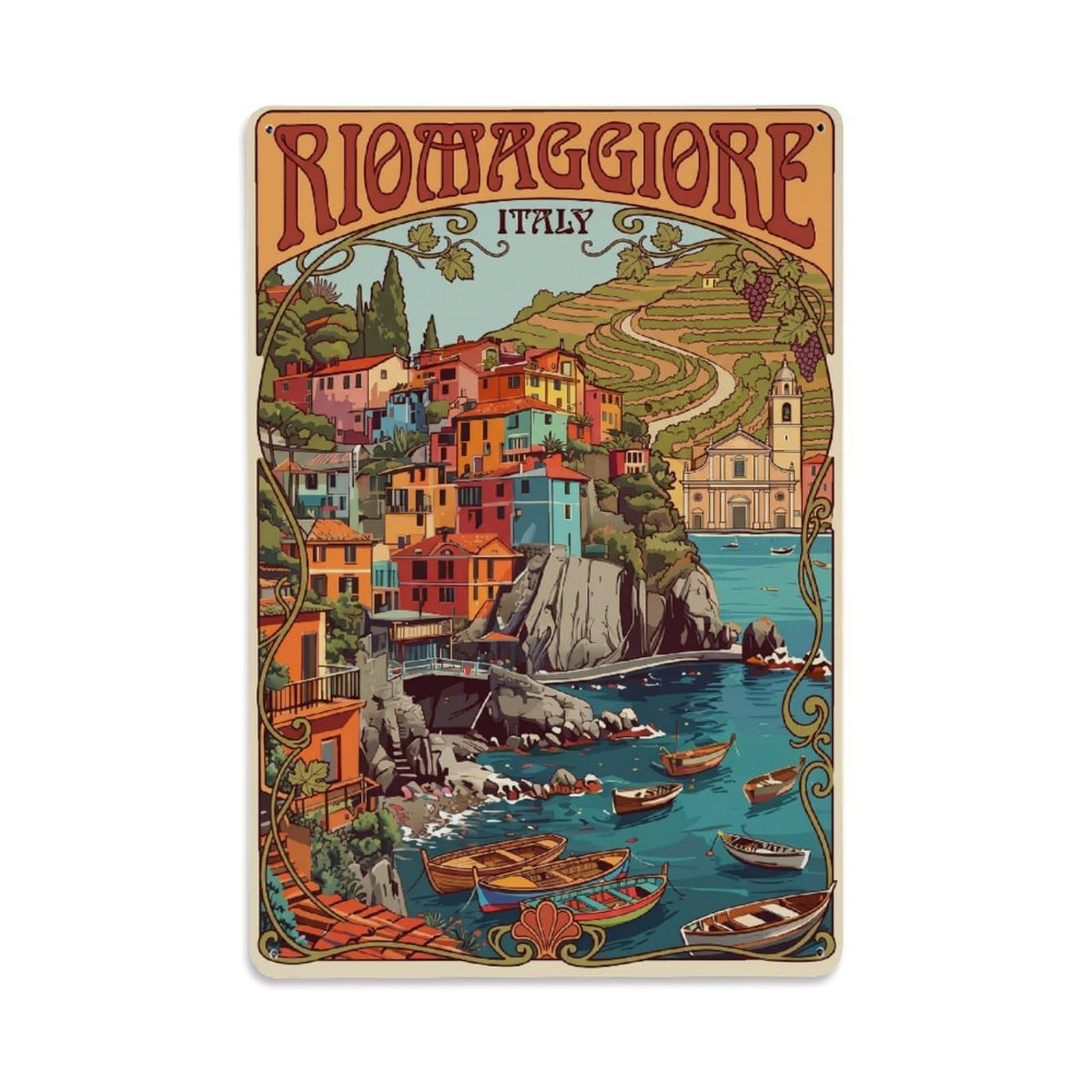 Huiyhb 8X12inch(20X30cm) Vintage Travel Riomaggiore Italy Nouveau Metal Tin Sign